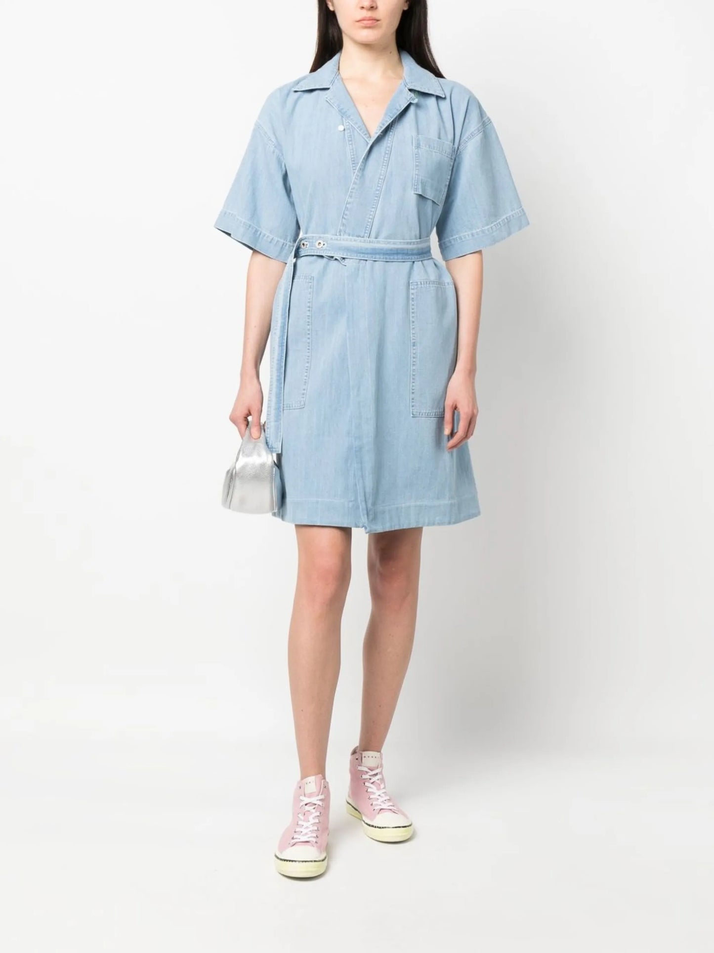tied-waist denim wrap dress