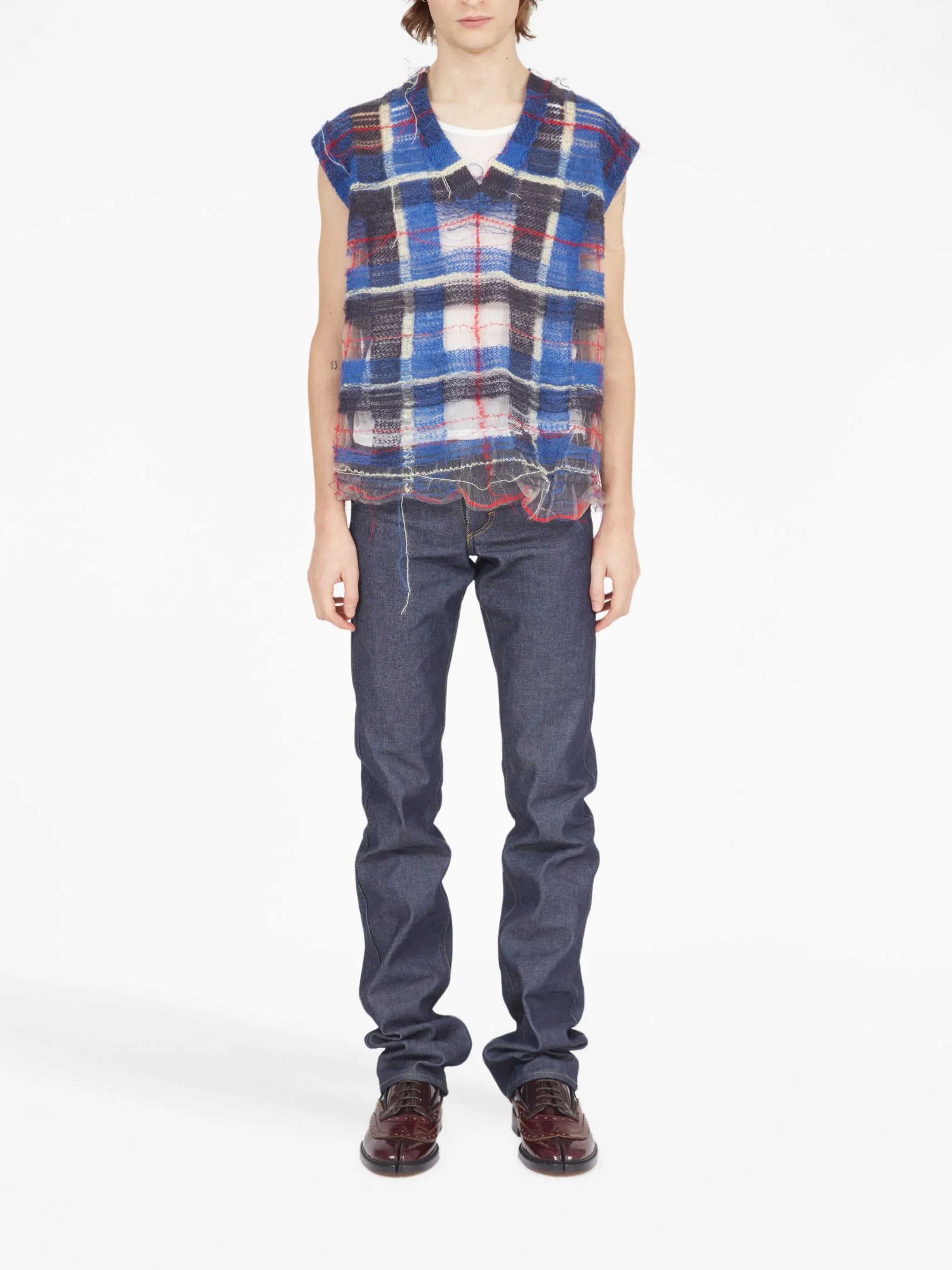 distressed checked tank top
