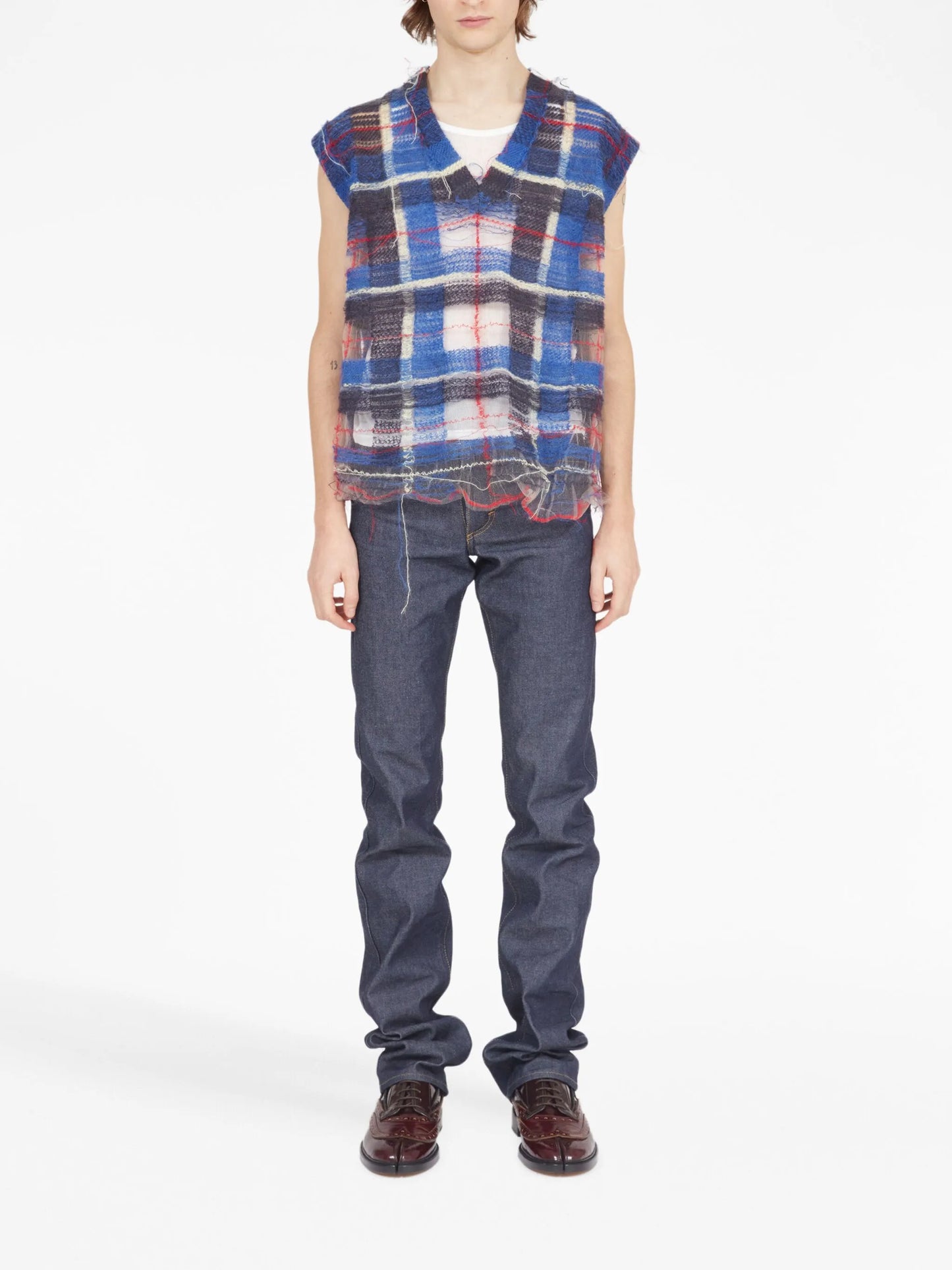 distressed checked tank top