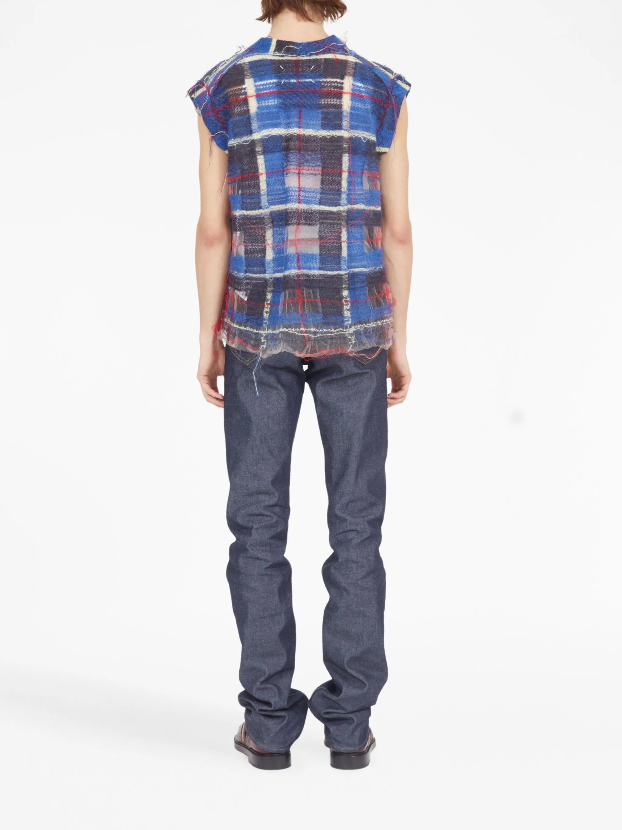 distressed checked tank top