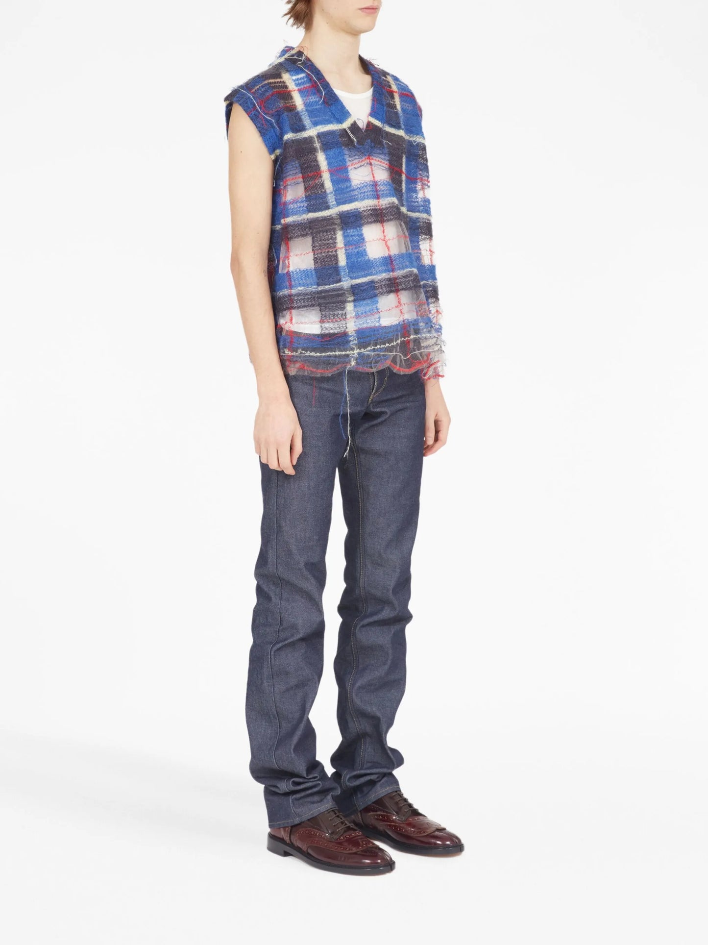 distressed checked tank top