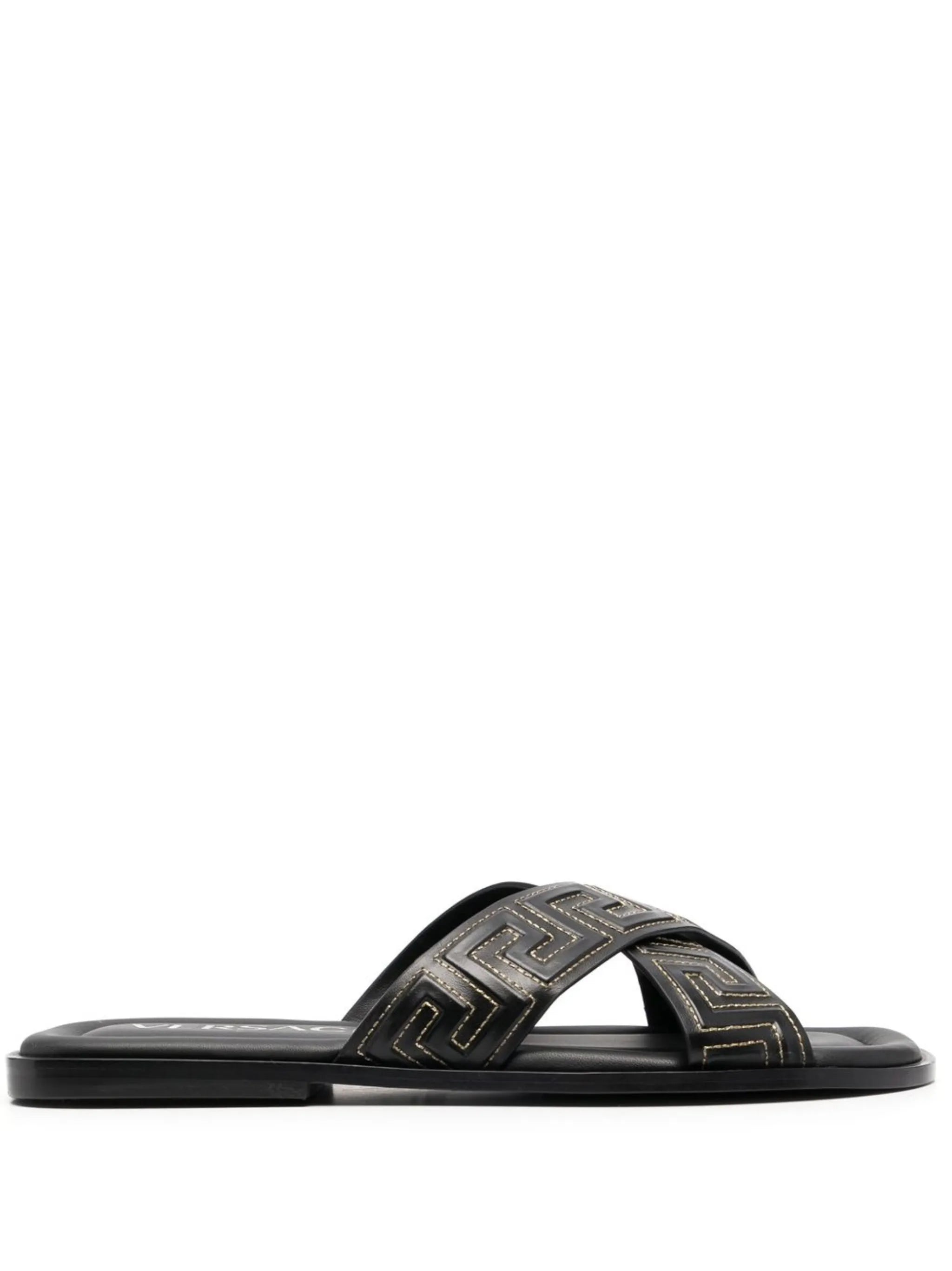 Greca-embossed crossover-strap sandals