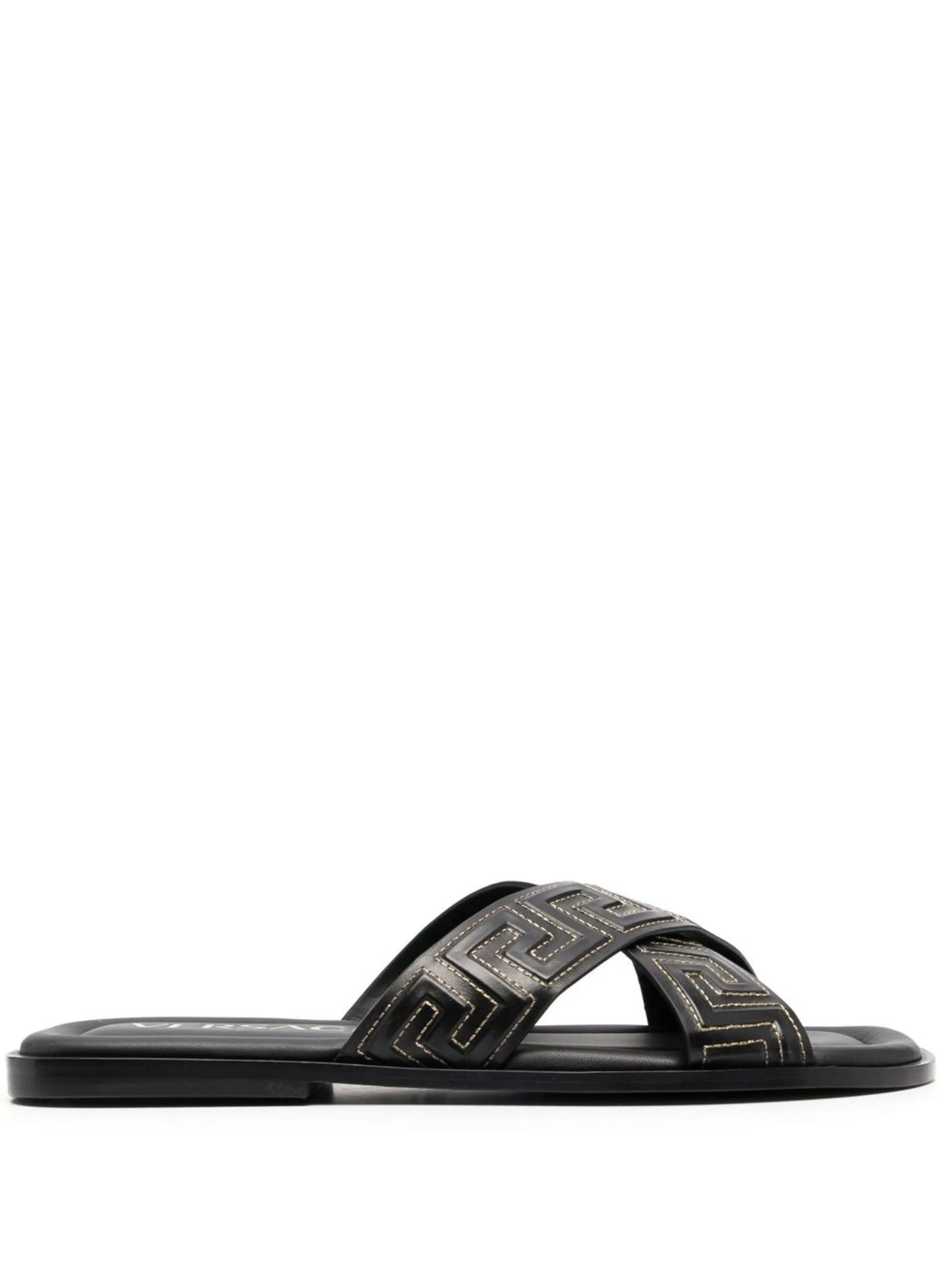 Greca-embossed crossover-strap sandals