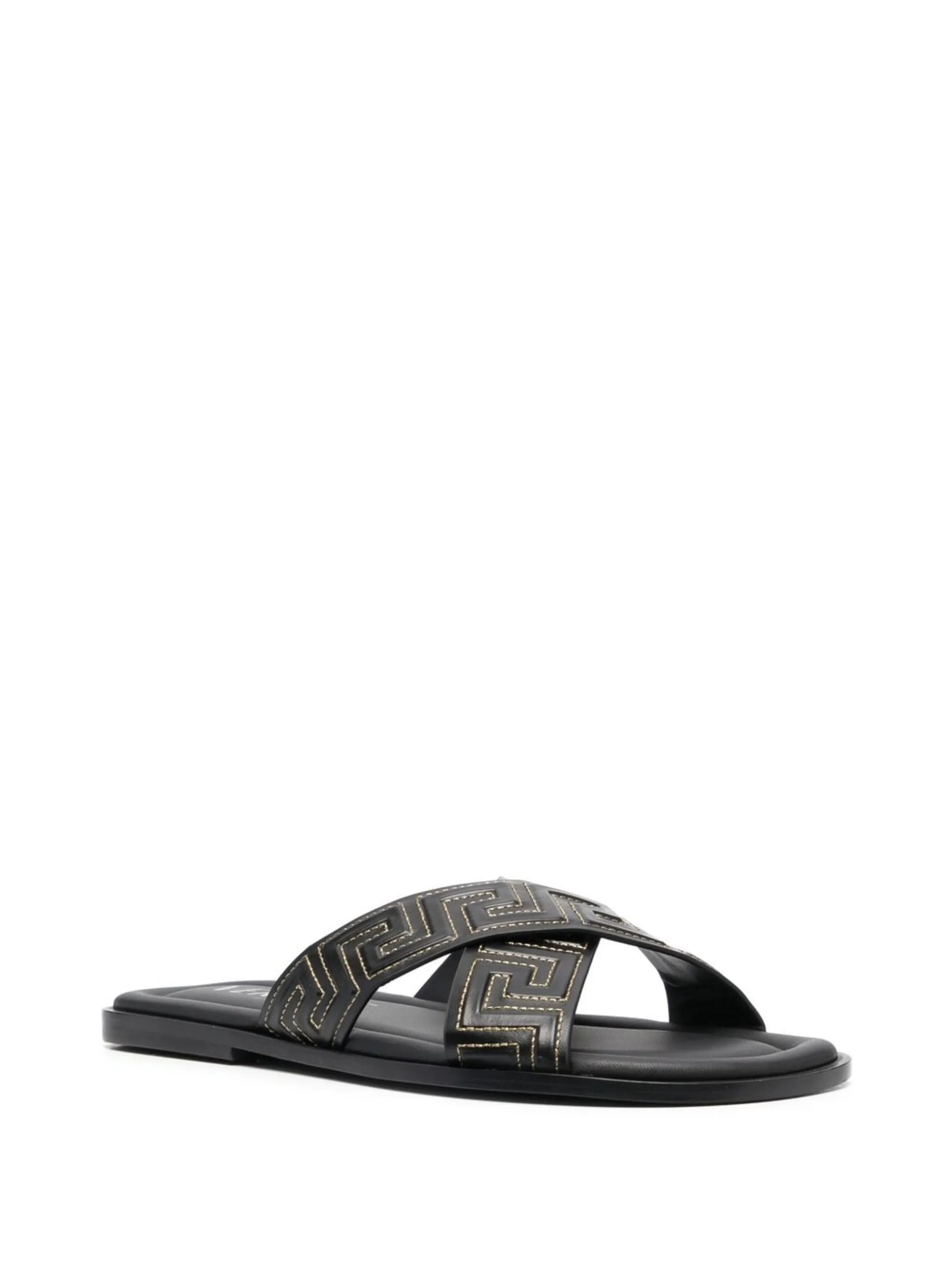 Greca-embossed crossover-strap sandals