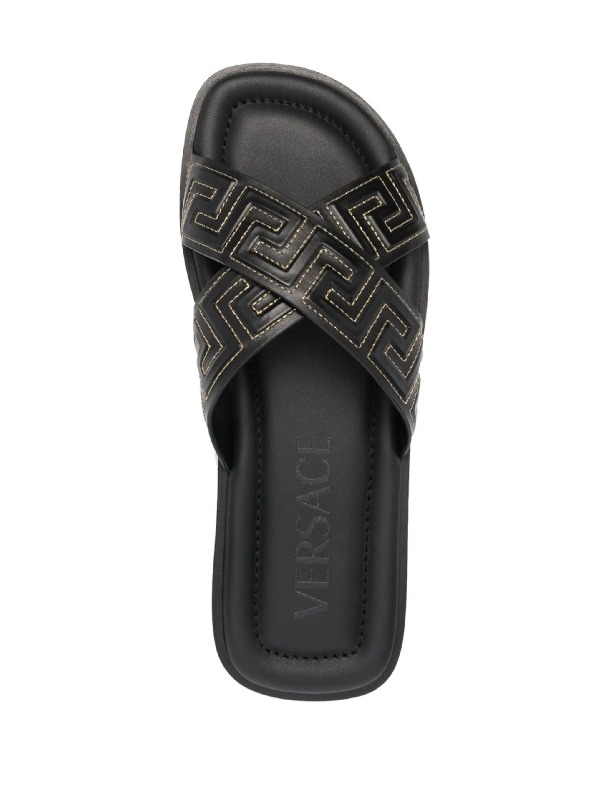 Greca-embossed crossover-strap sandals