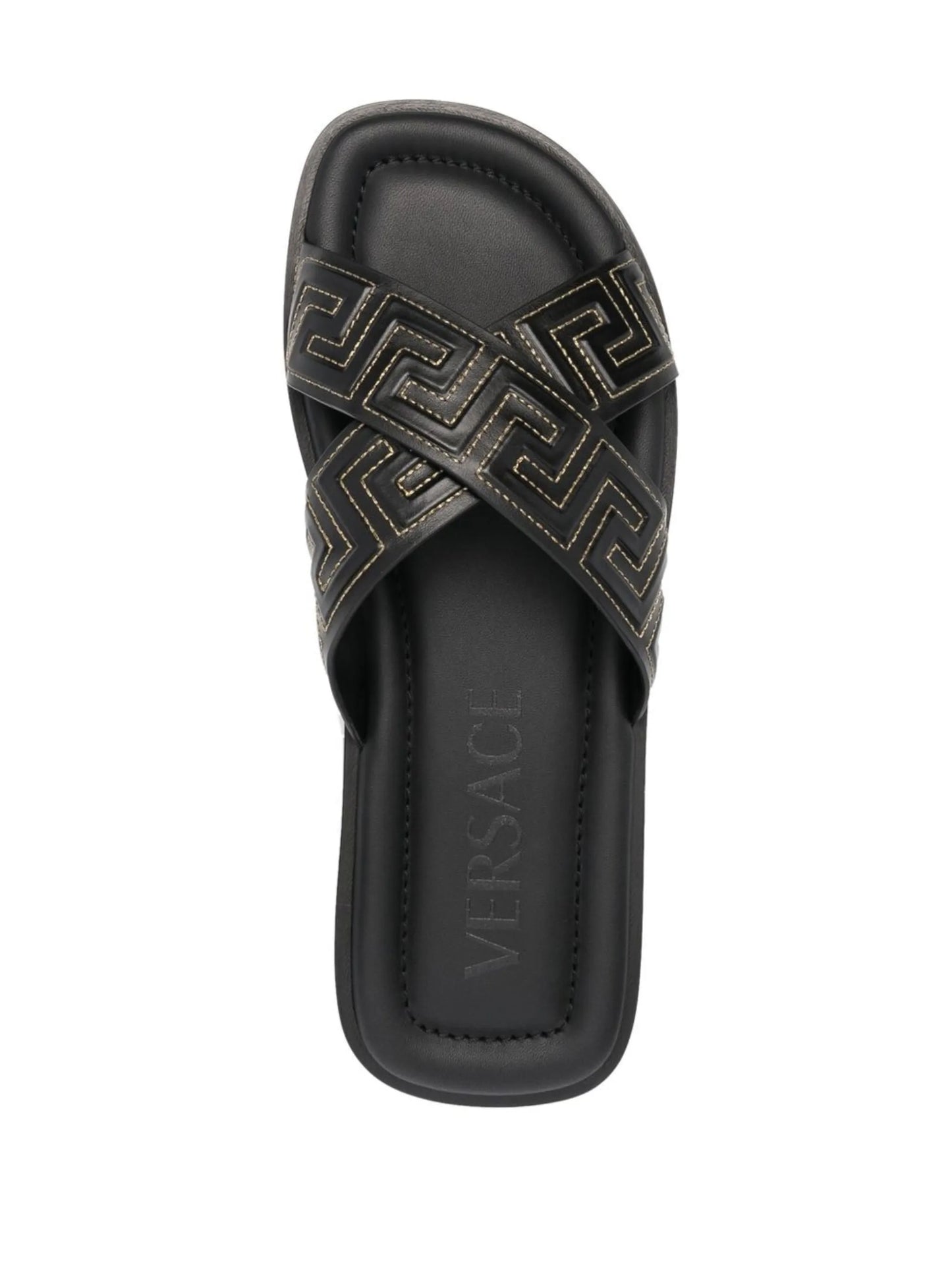Greca-embossed crossover-strap sandals