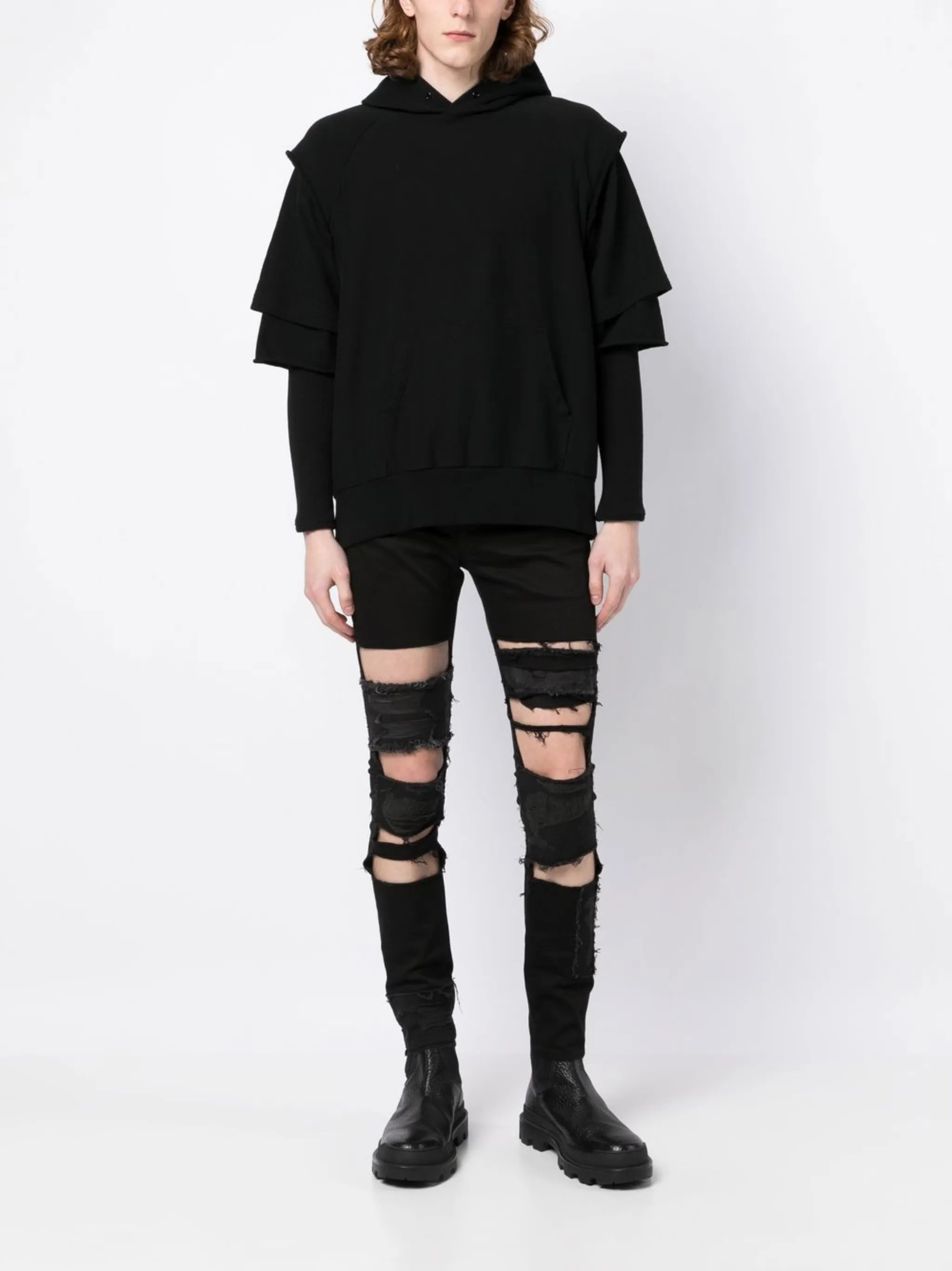 layered-sleeve cotton hoodie