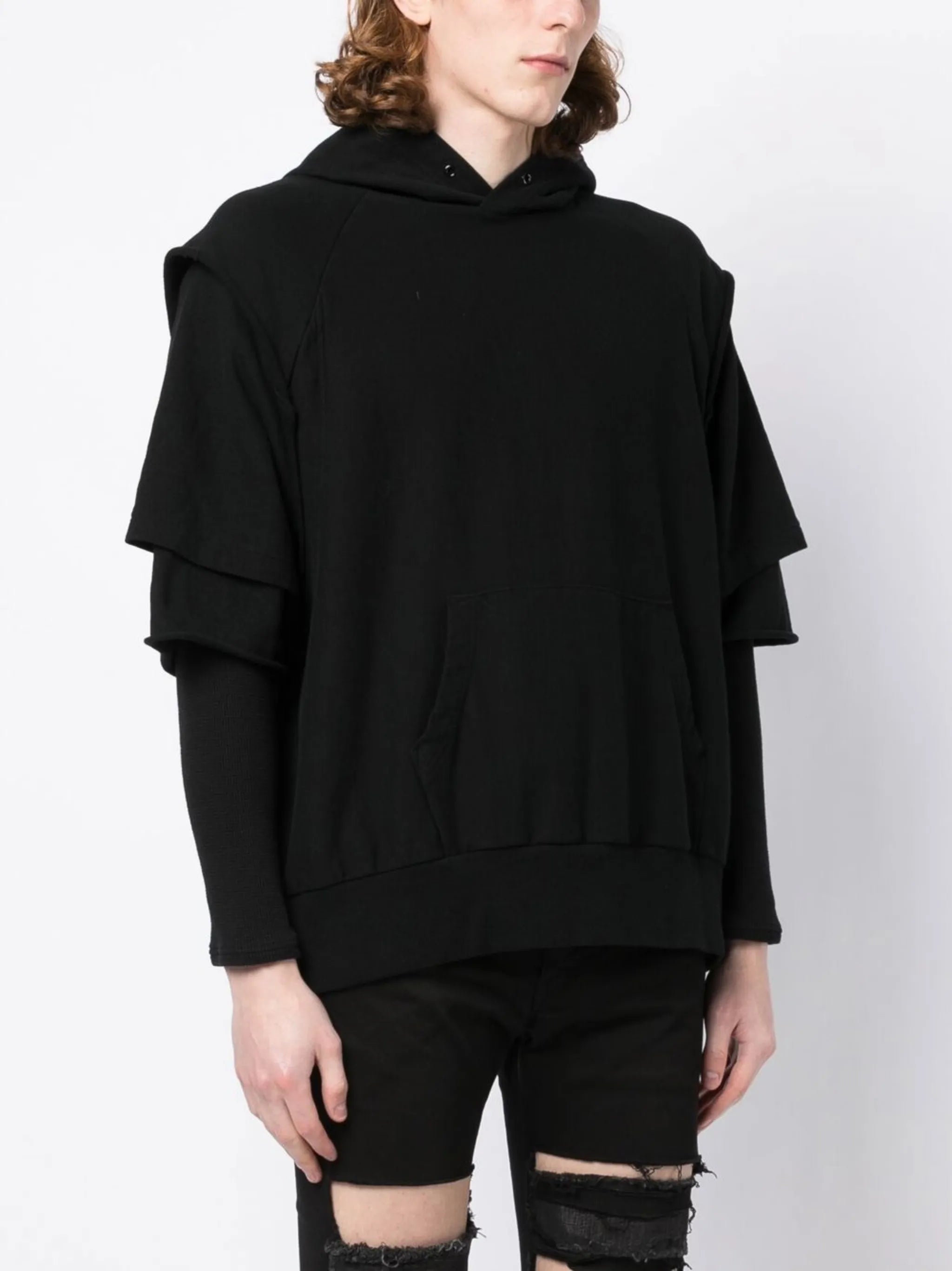 layered-sleeve cotton hoodie