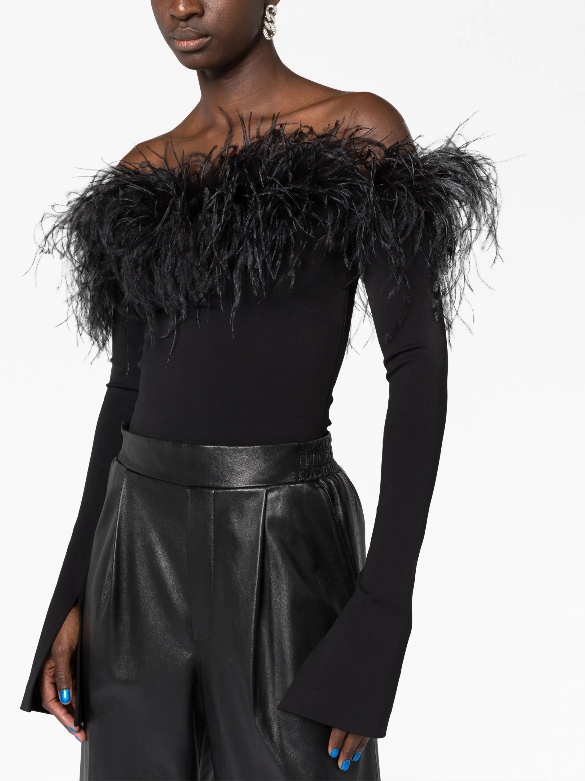 feather-trimmed off-shoulder top