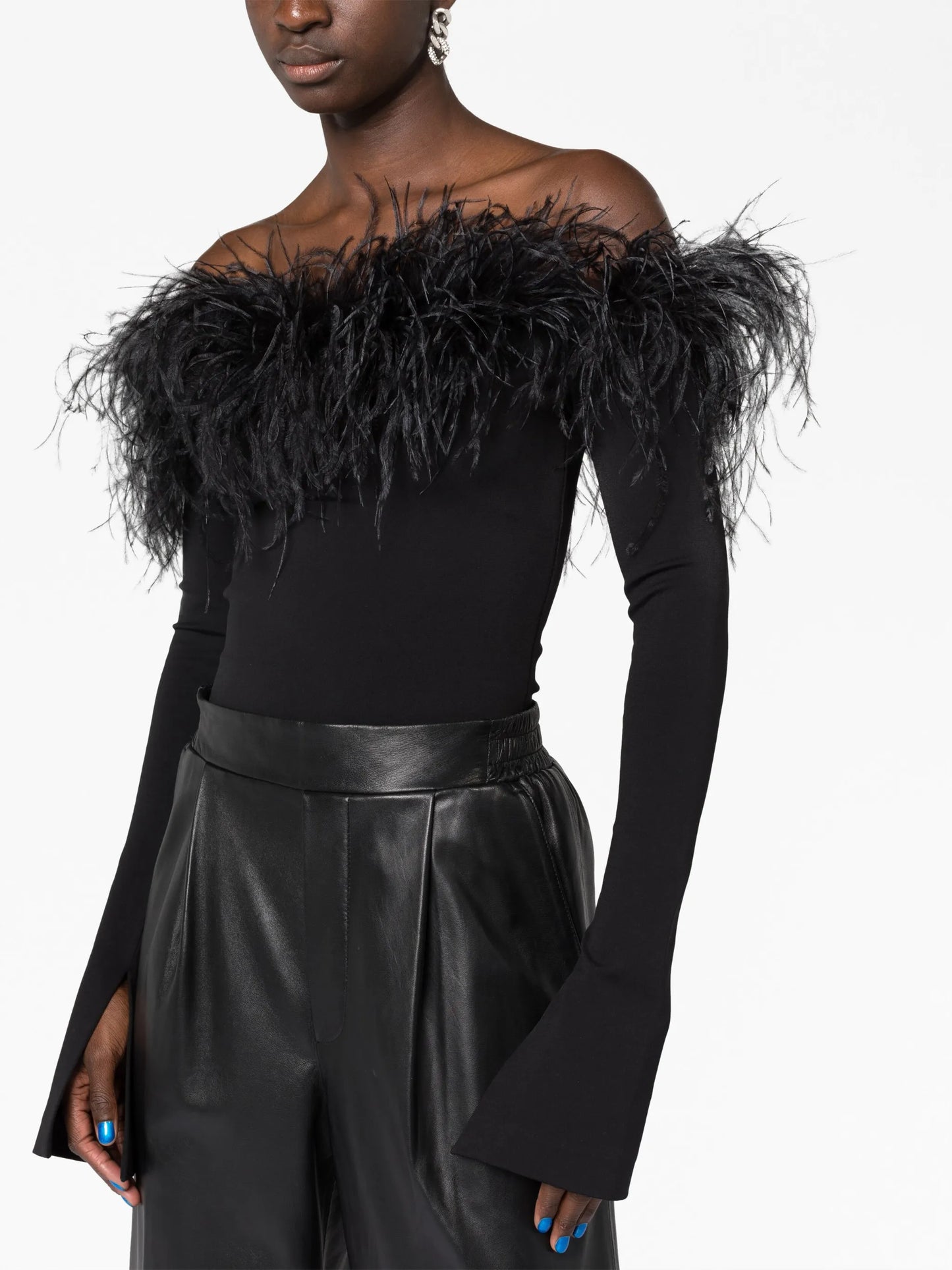 feather-trimmed off-shoulder top