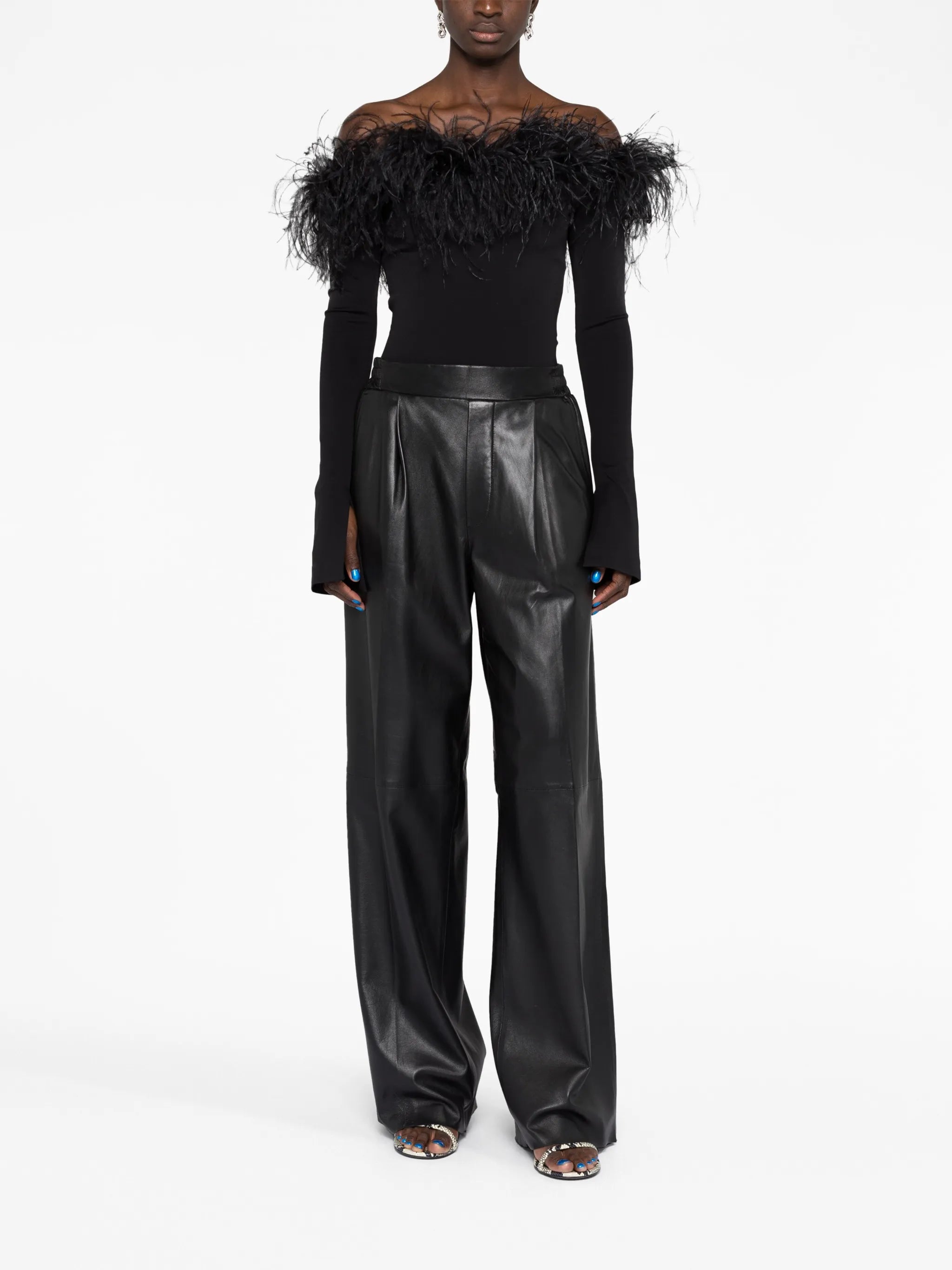 feather-trimmed off-shoulder top