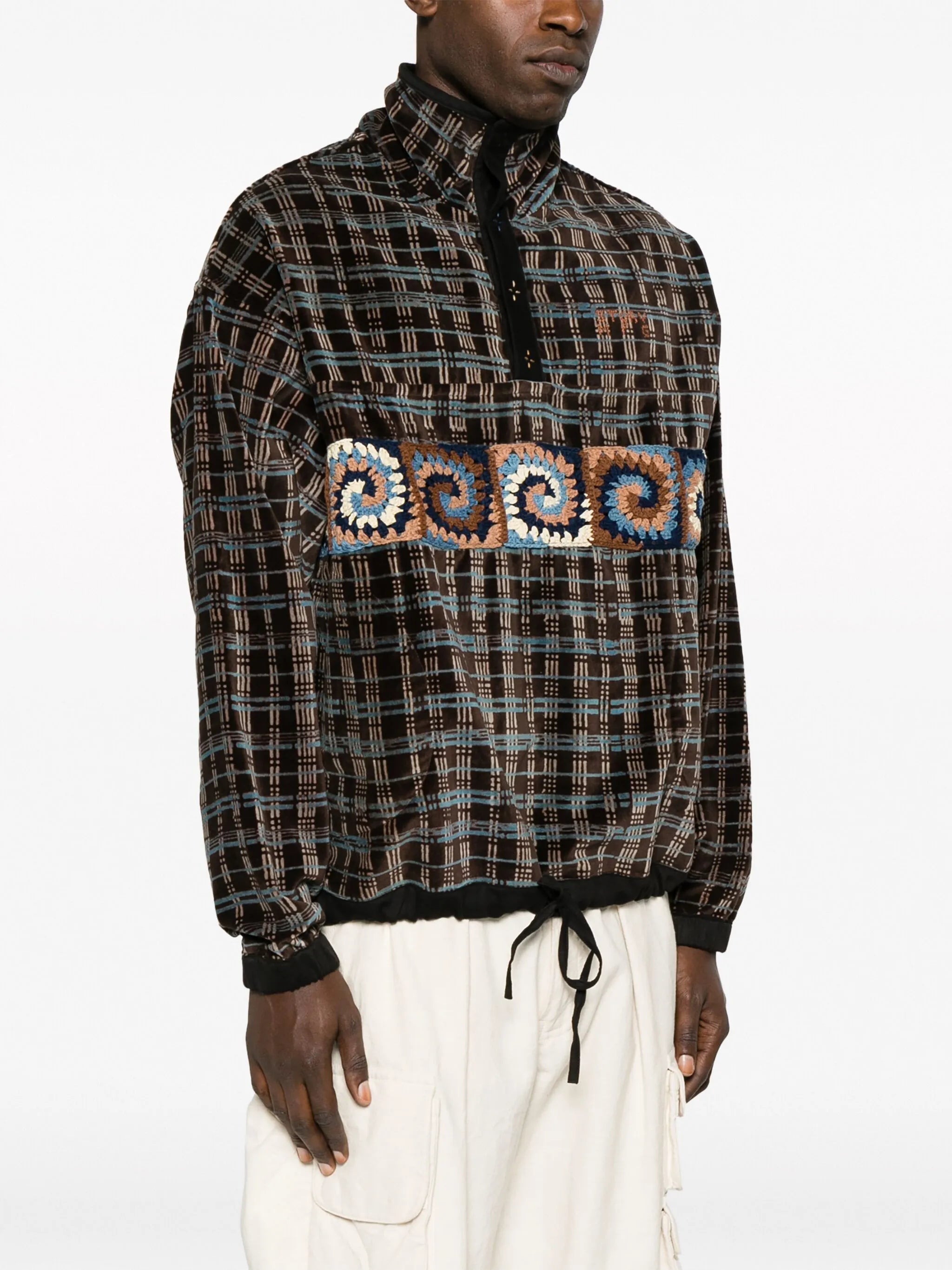 grid-pattern crochet-panel sweatshirt