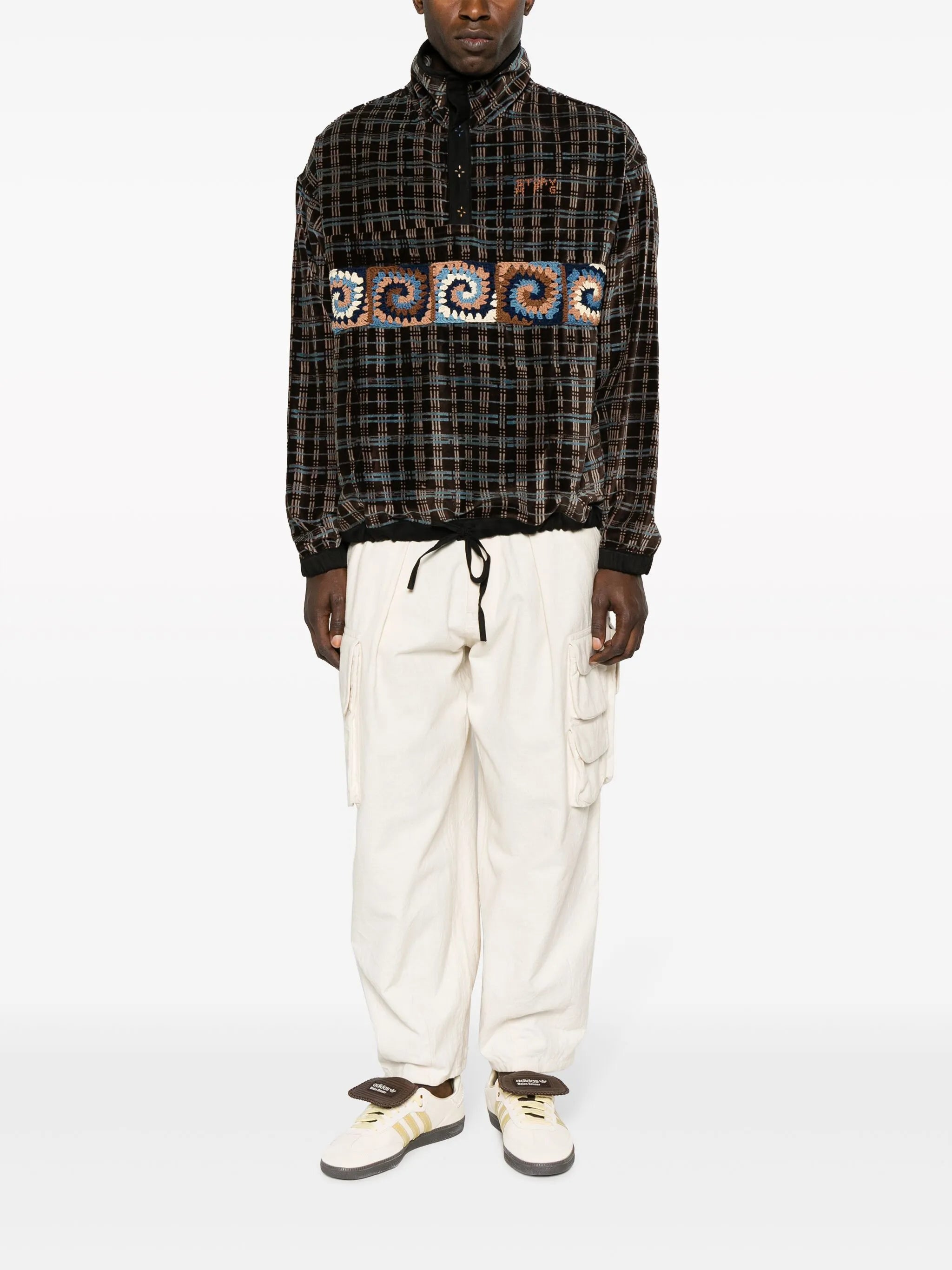 grid-pattern crochet-panel sweatshirt