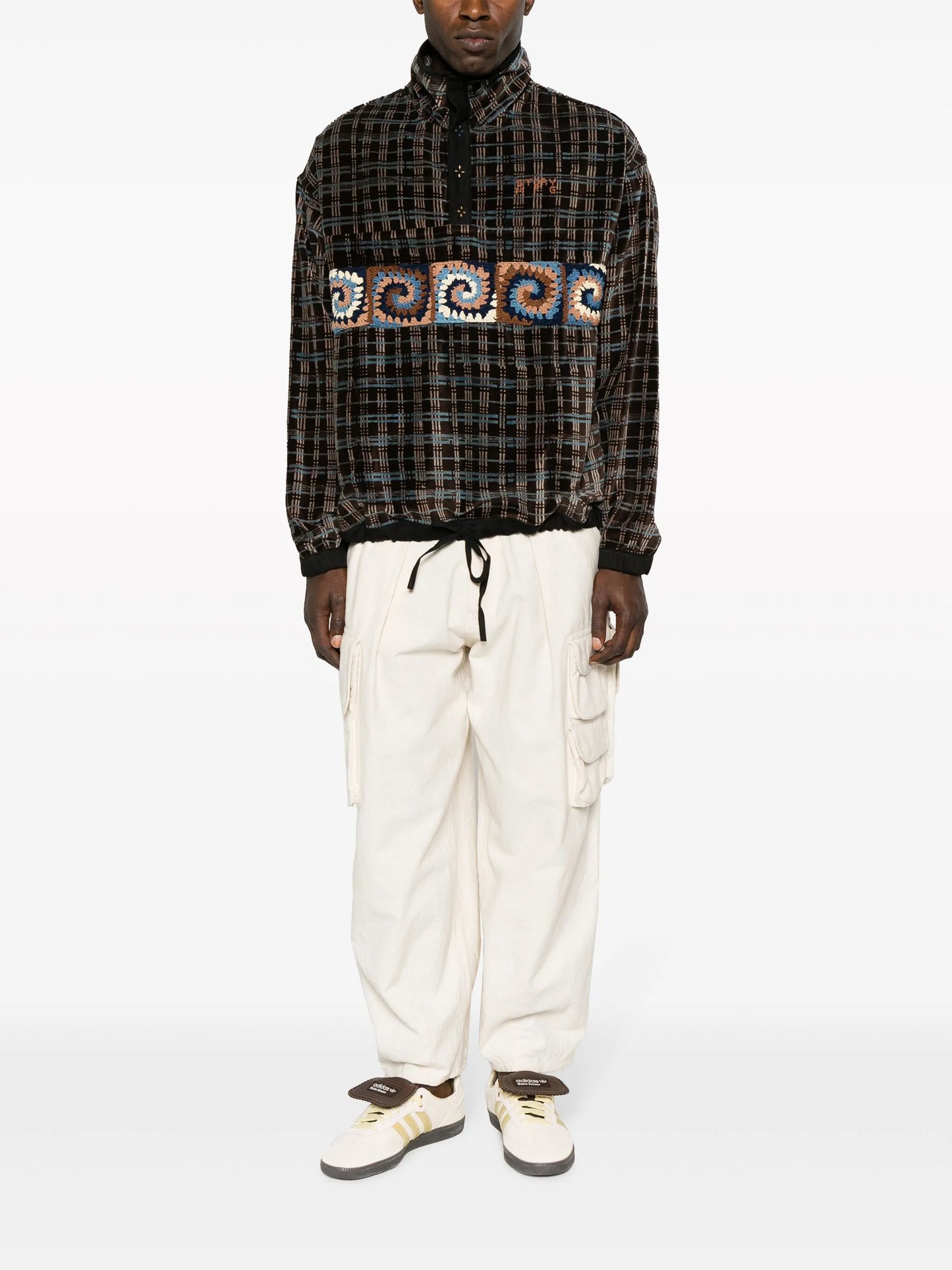 grid-pattern crochet-panel sweatshirt