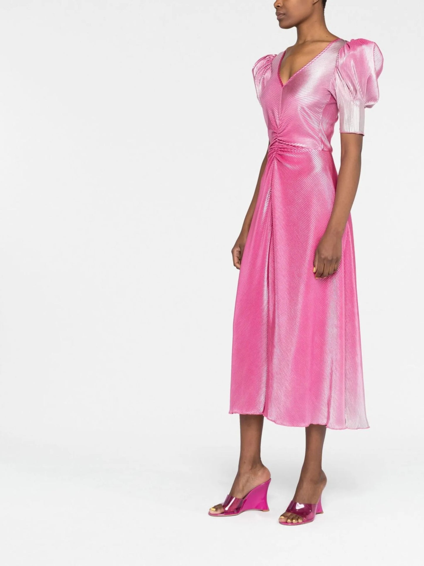 gradient puff-sleeve midi dress