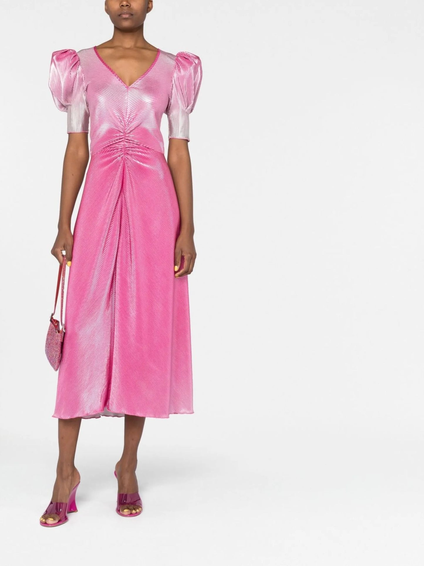gradient puff-sleeve midi dress