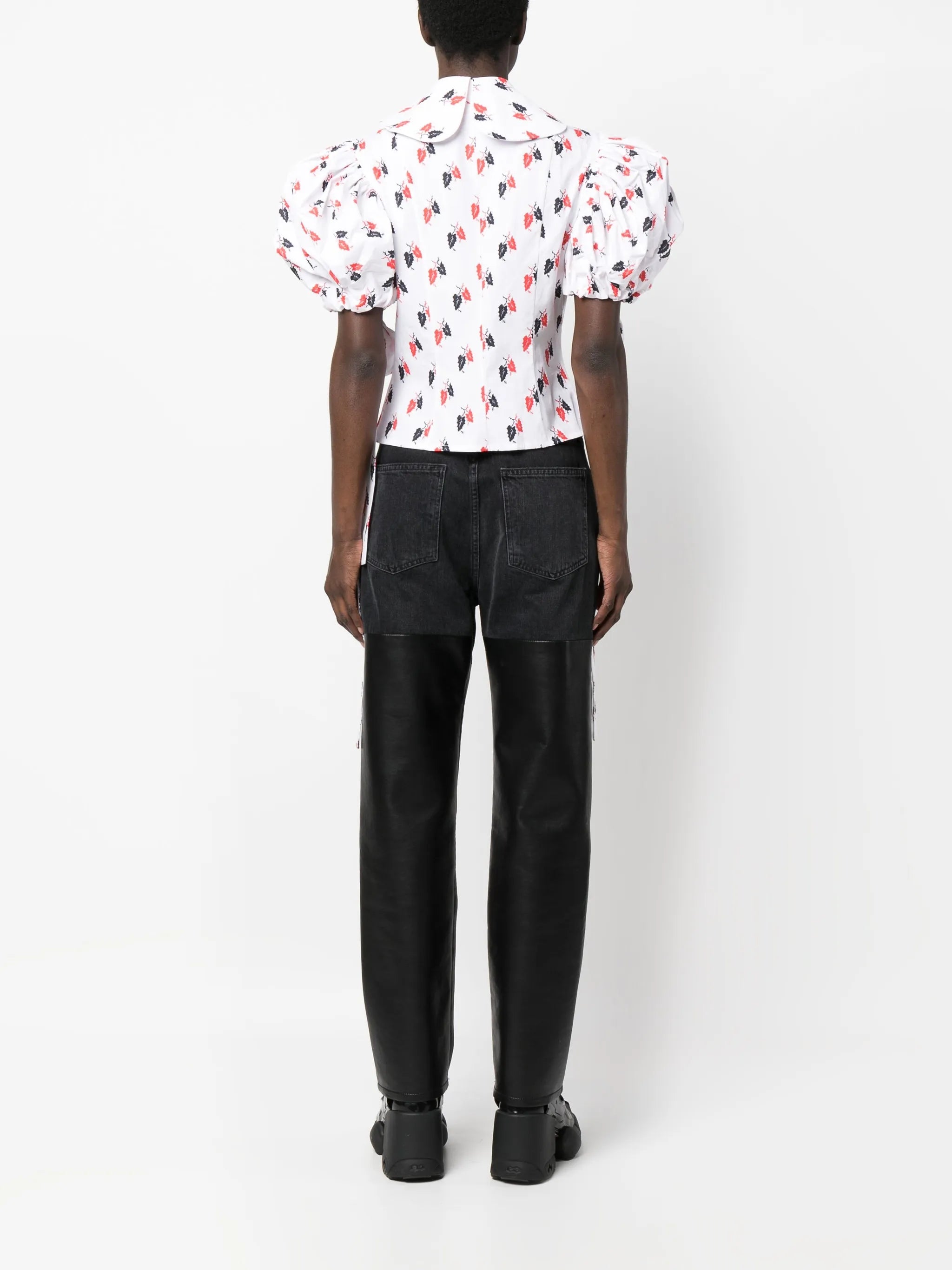 leaf-print puff-sleeve blouse