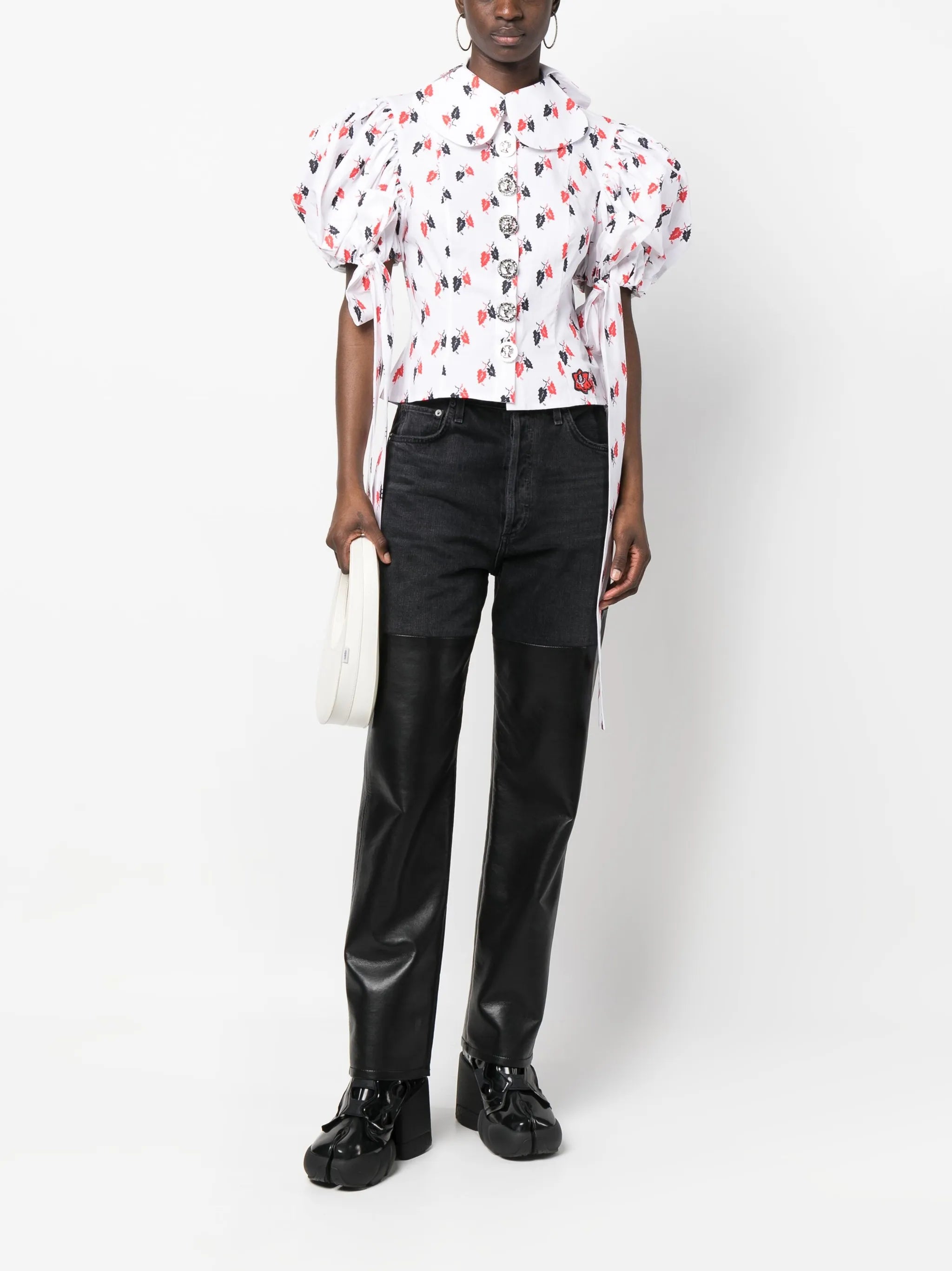 leaf-print puff-sleeve blouse