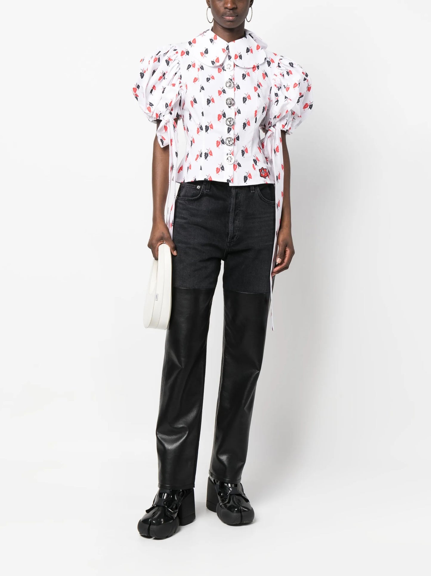 leaf-print puff-sleeve blouse