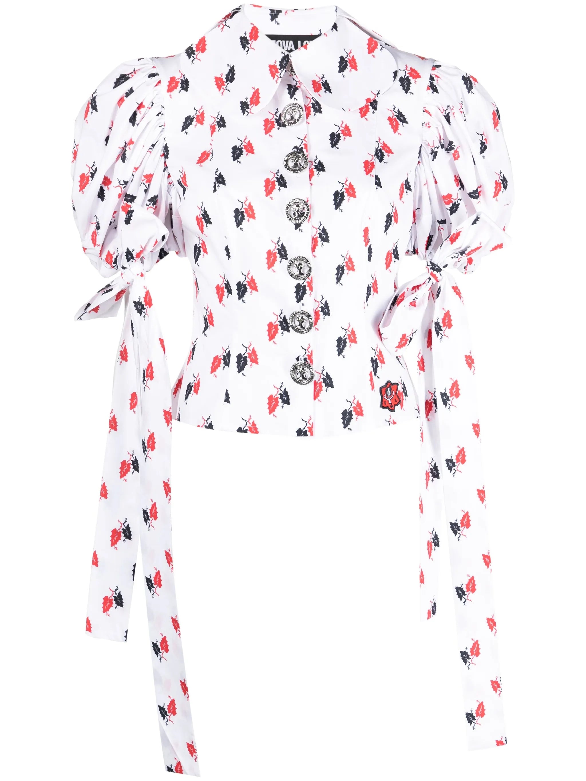 leaf-print puff-sleeve blouse