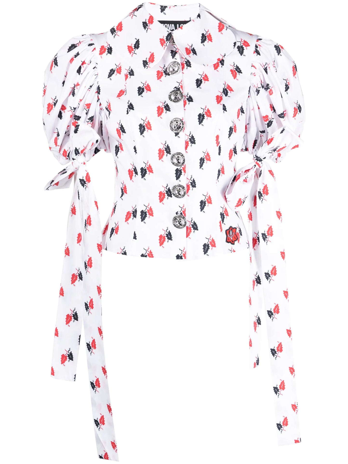 leaf-print puff-sleeve blouse