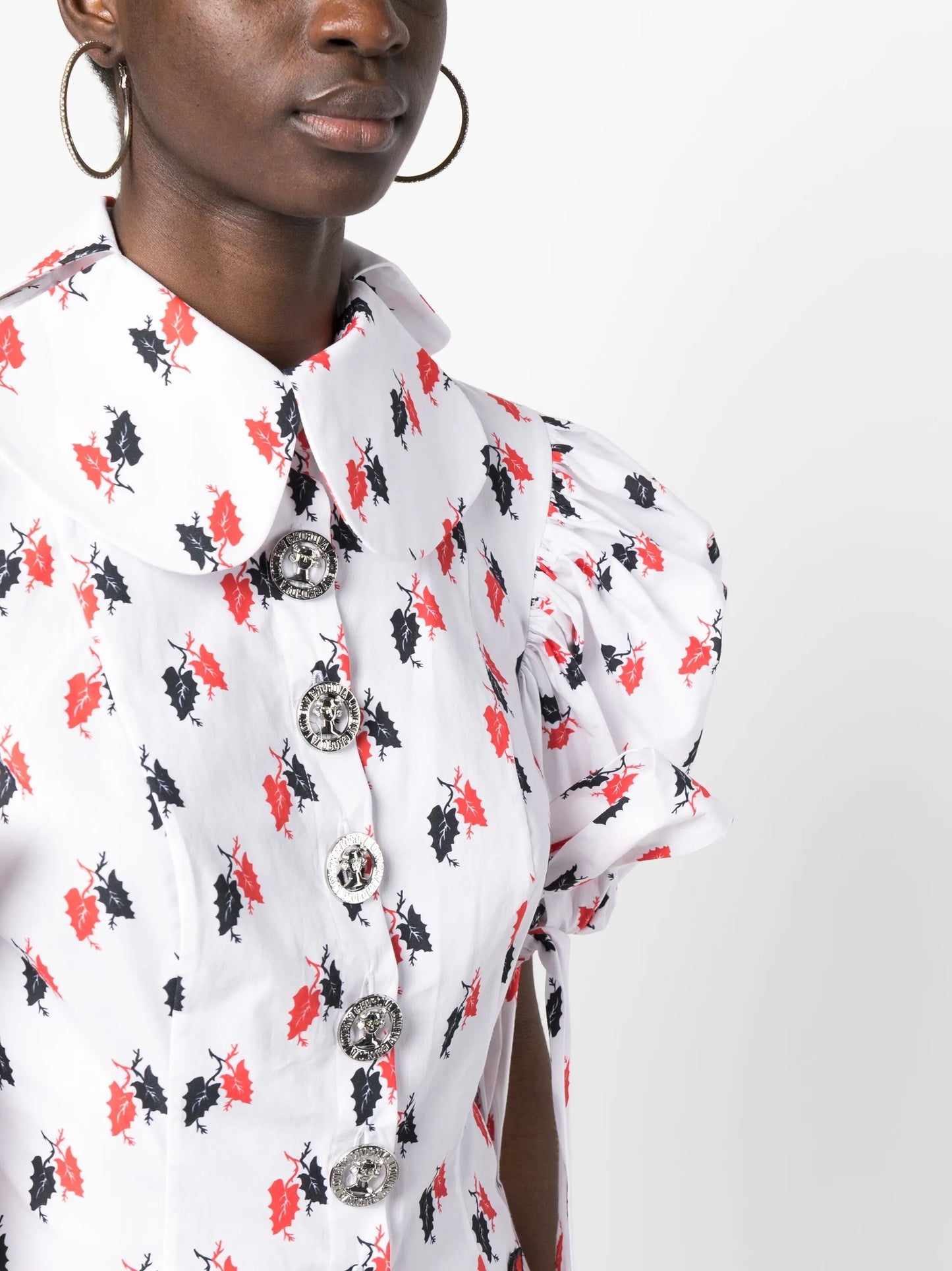 leaf-print puff-sleeve blouse