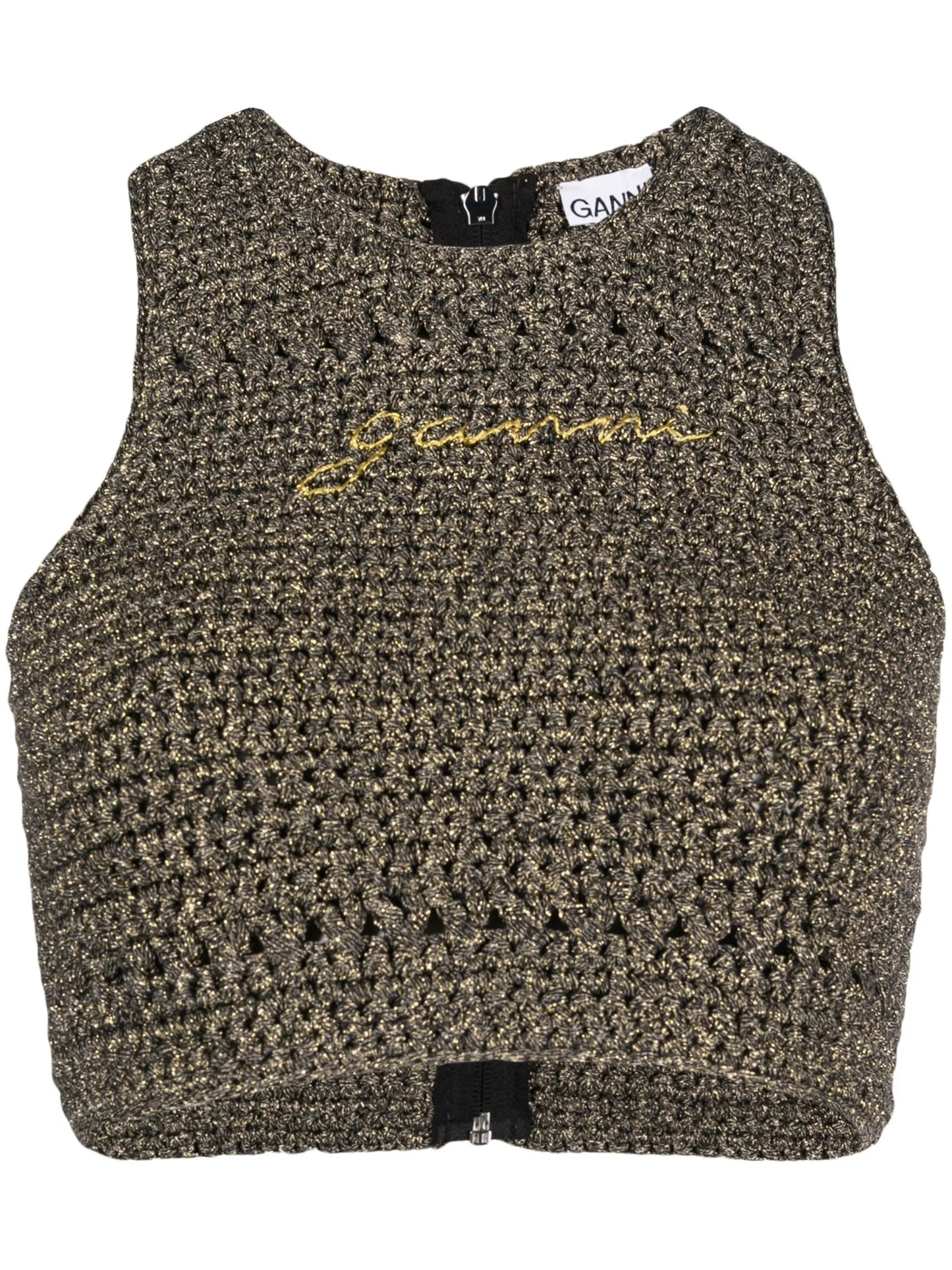 logo-embroidered crochet-knit crop top