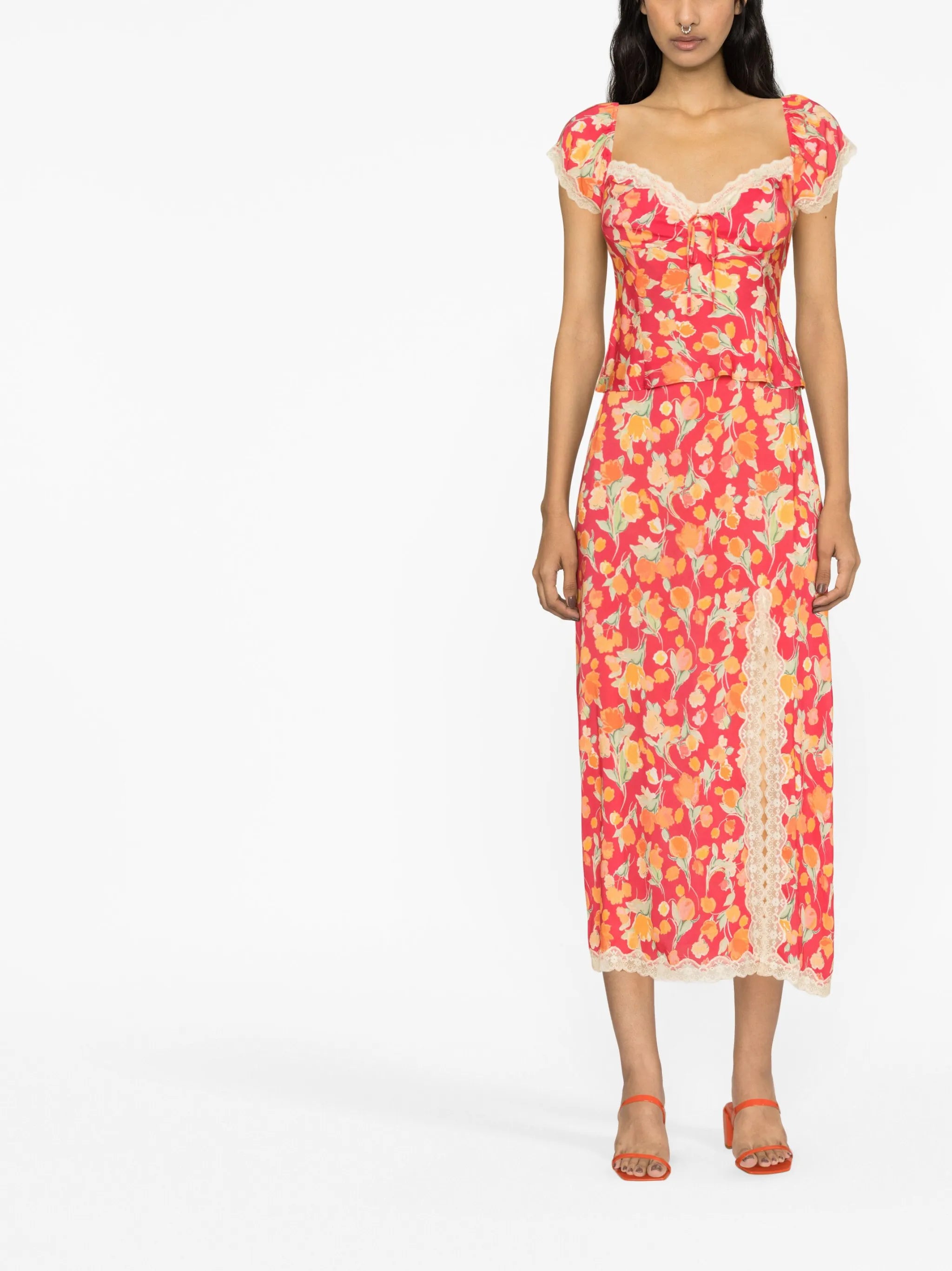 Sibilla lace-trimmed floral-print crepe de chine midi skirt