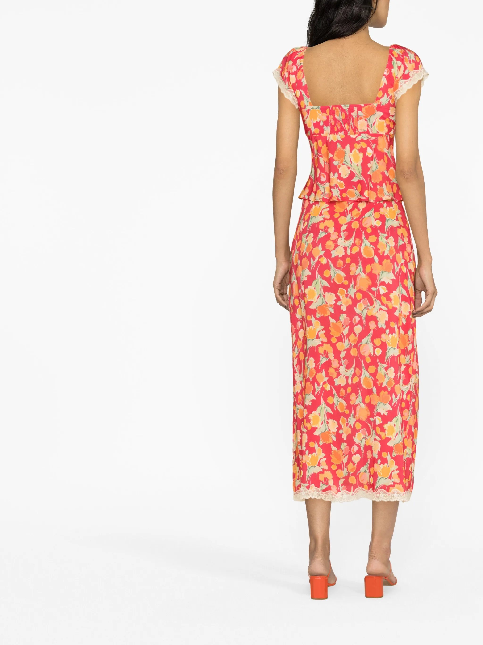 Sibilla lace-trimmed floral-print crepe de chine midi skirt
