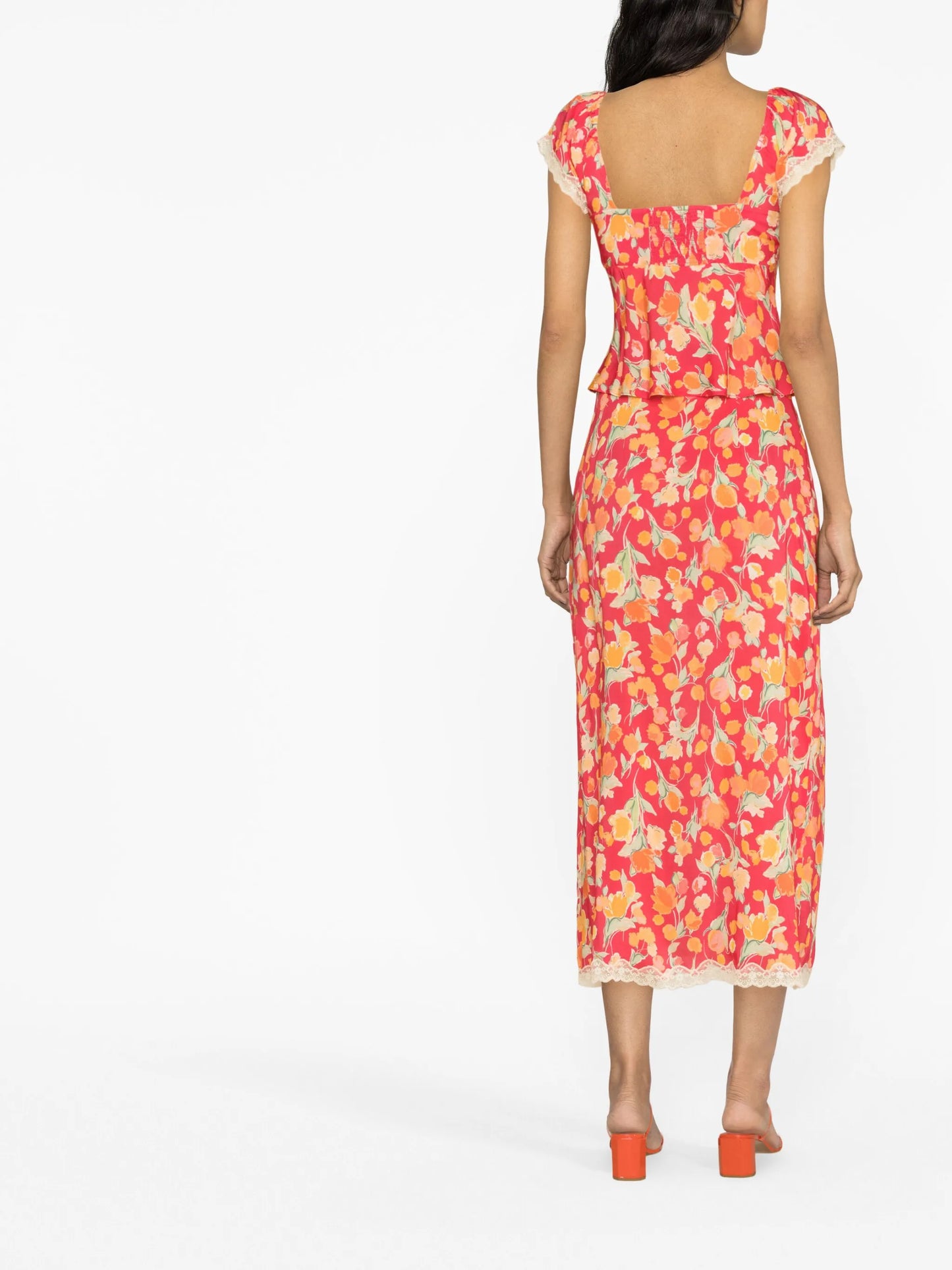 Sibilla lace-trimmed floral-print crepe de chine midi skirt