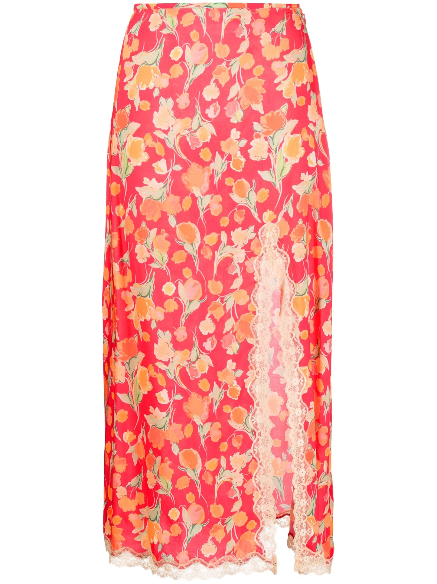 Sibilla lace-trimmed floral-print crepe de chine midi skirt