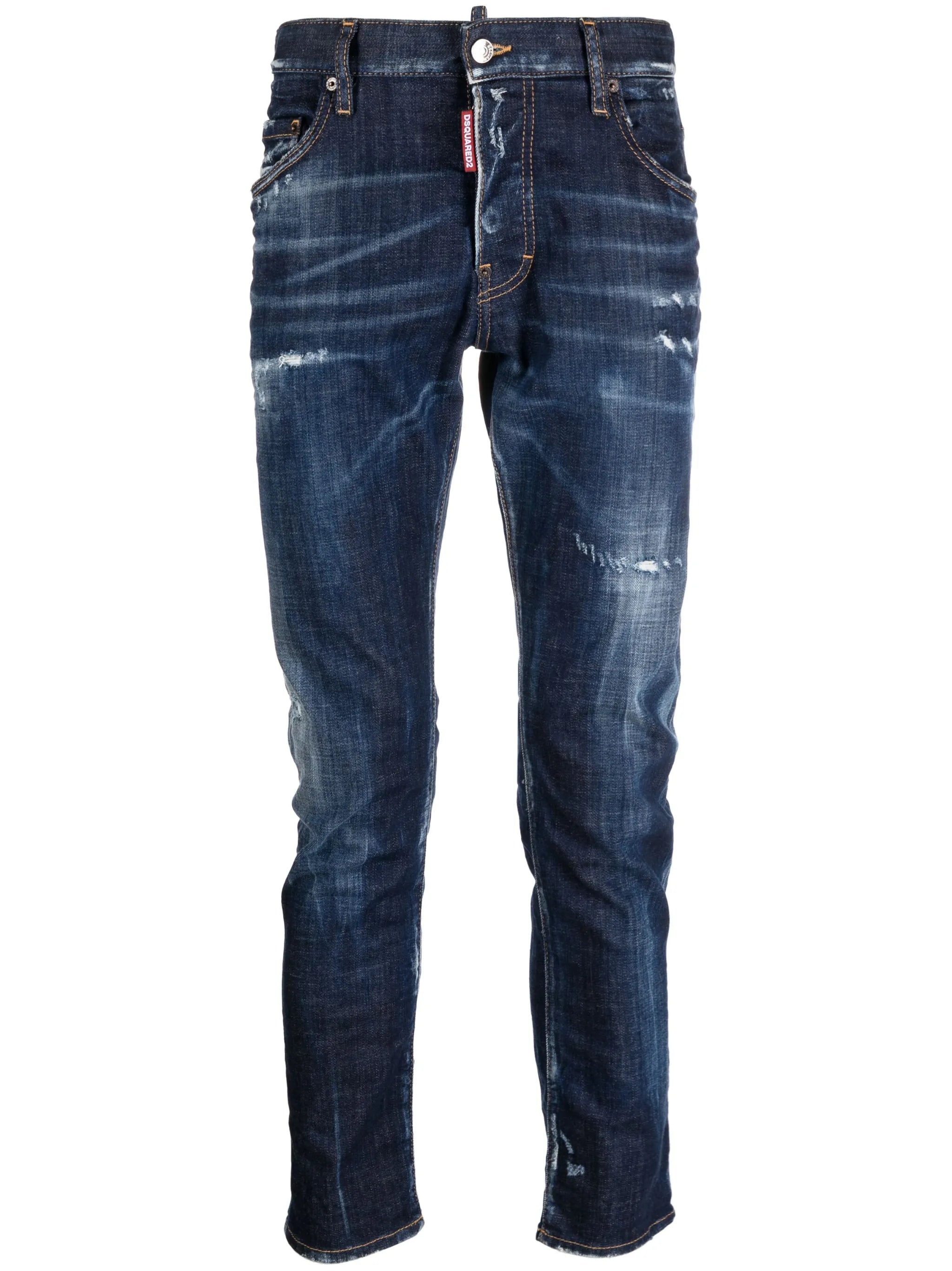 distressed-finish tapered-leg jeans