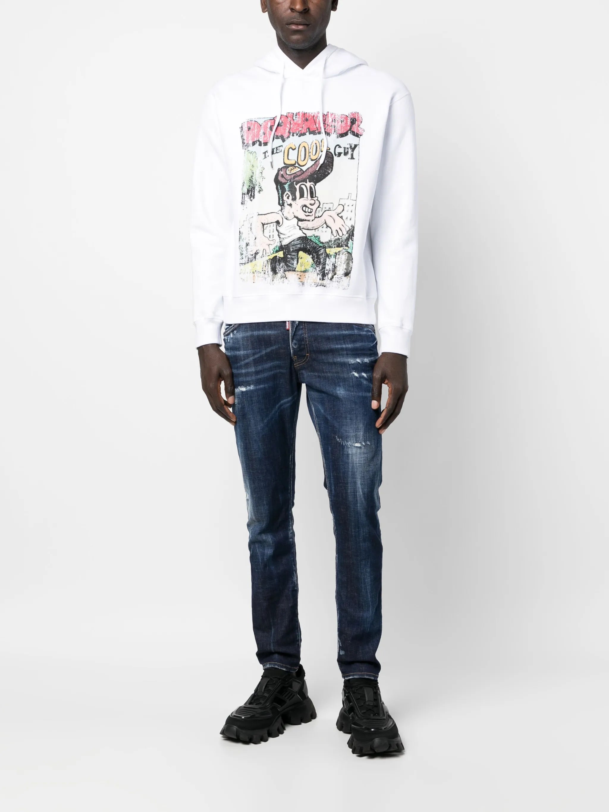 distressed-finish tapered-leg jeans