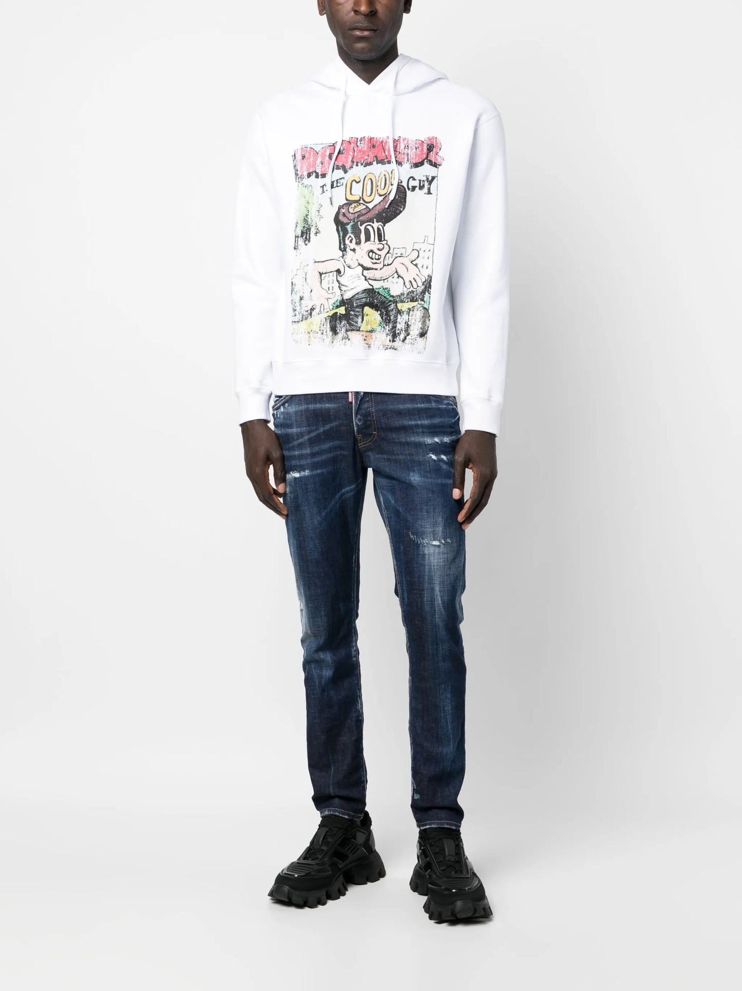 distressed-finish tapered-leg jeans