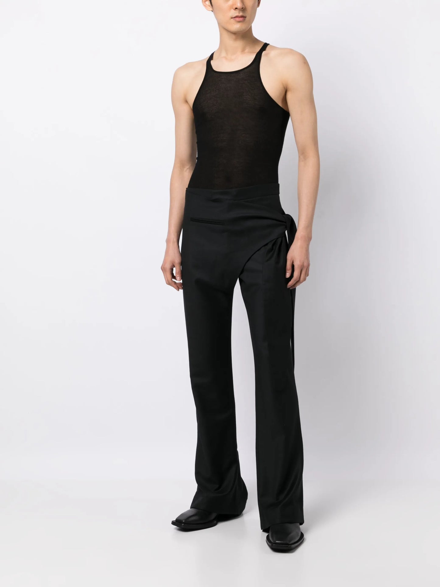 tie-fastening wool trousers