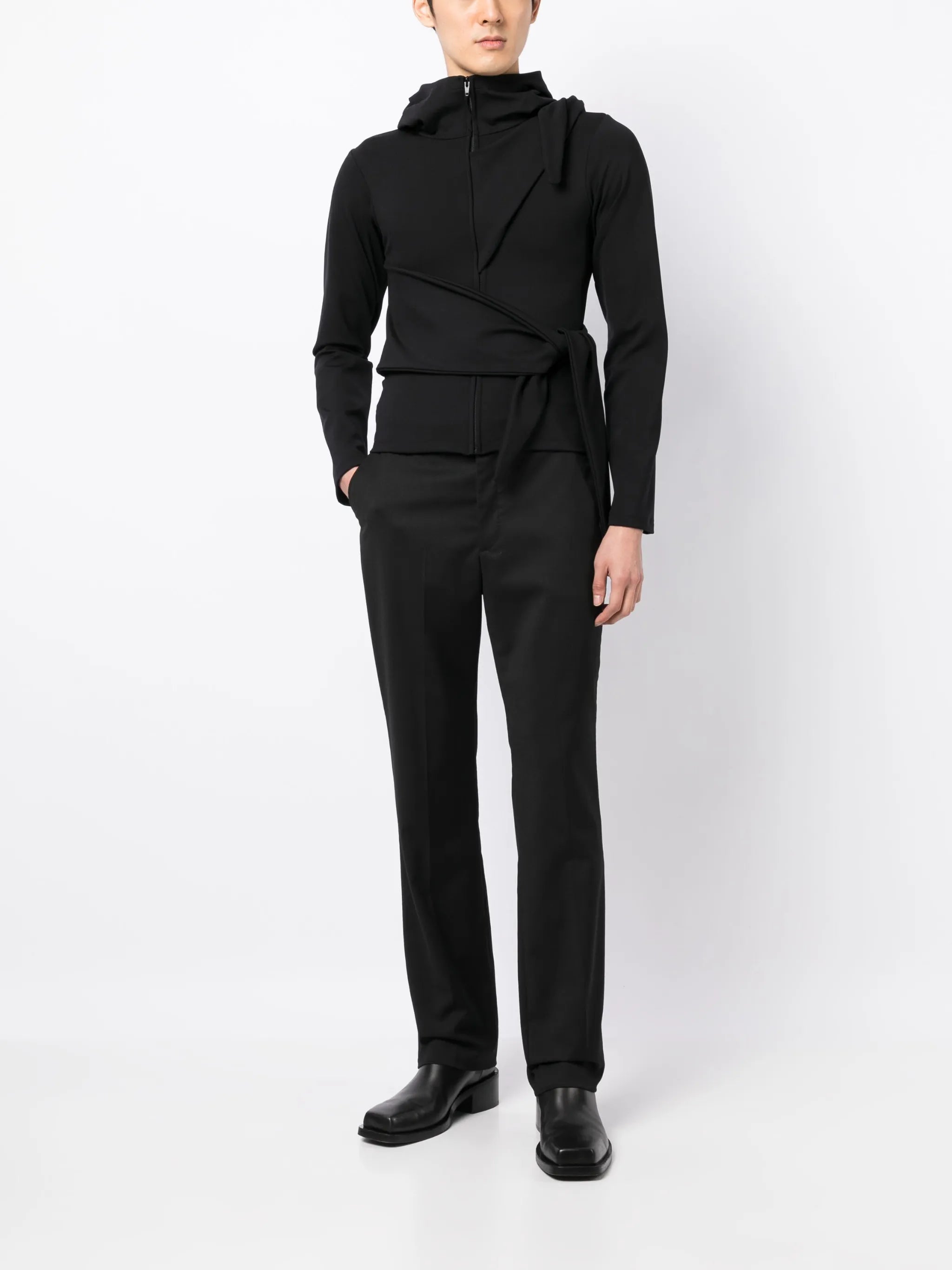 tie-detail zip-up hooded jacket