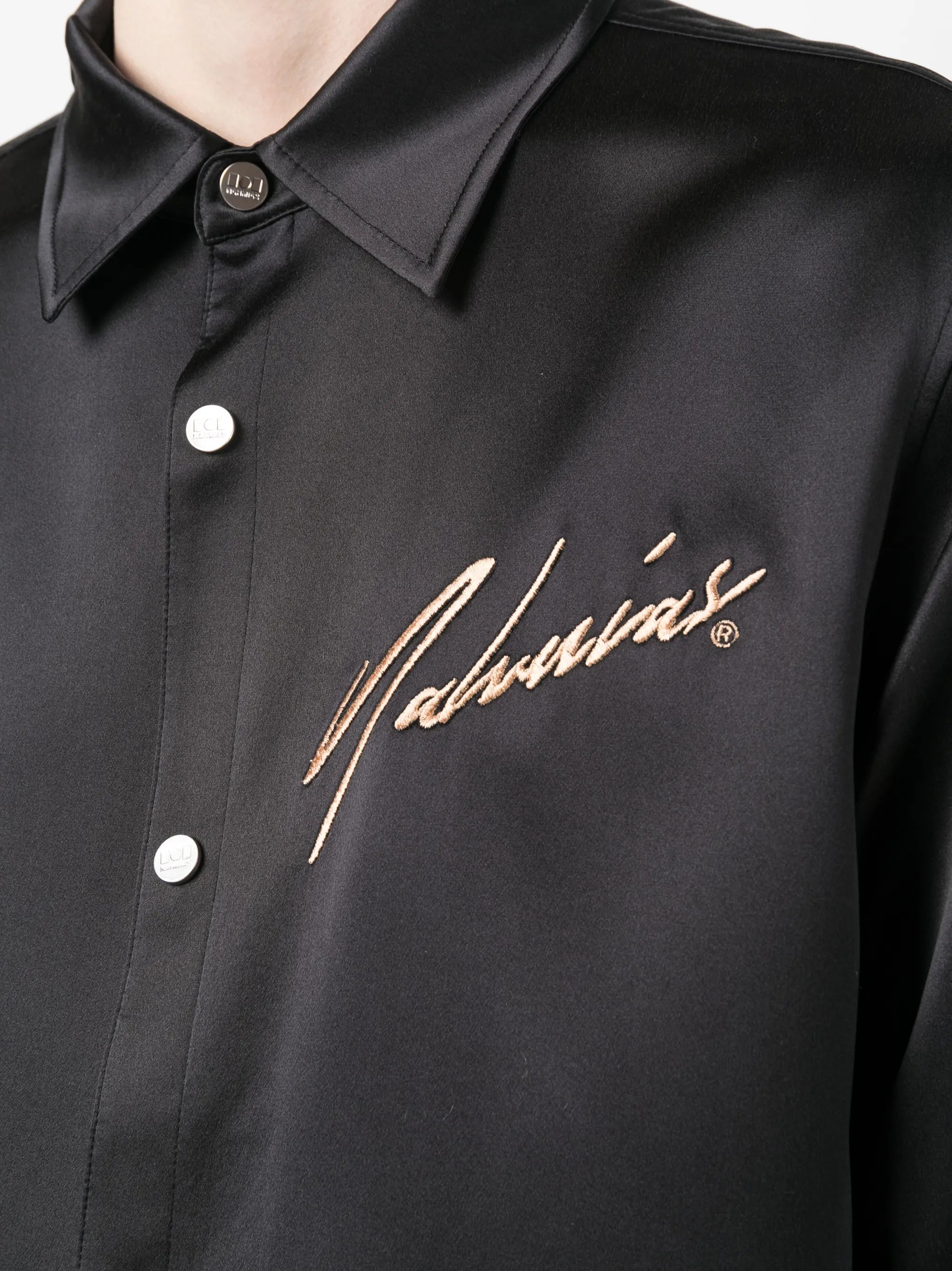 embroidered-logo silk overshirt