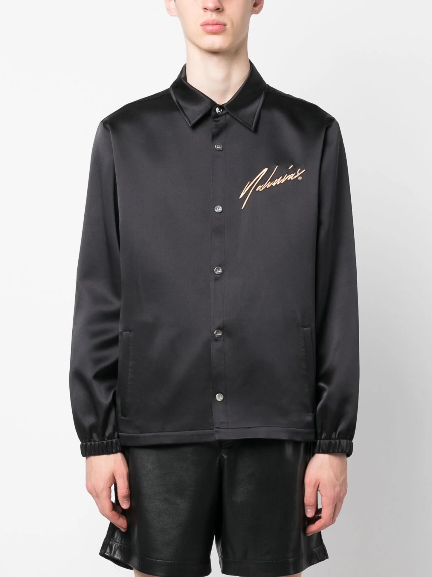 embroidered-logo silk overshirt