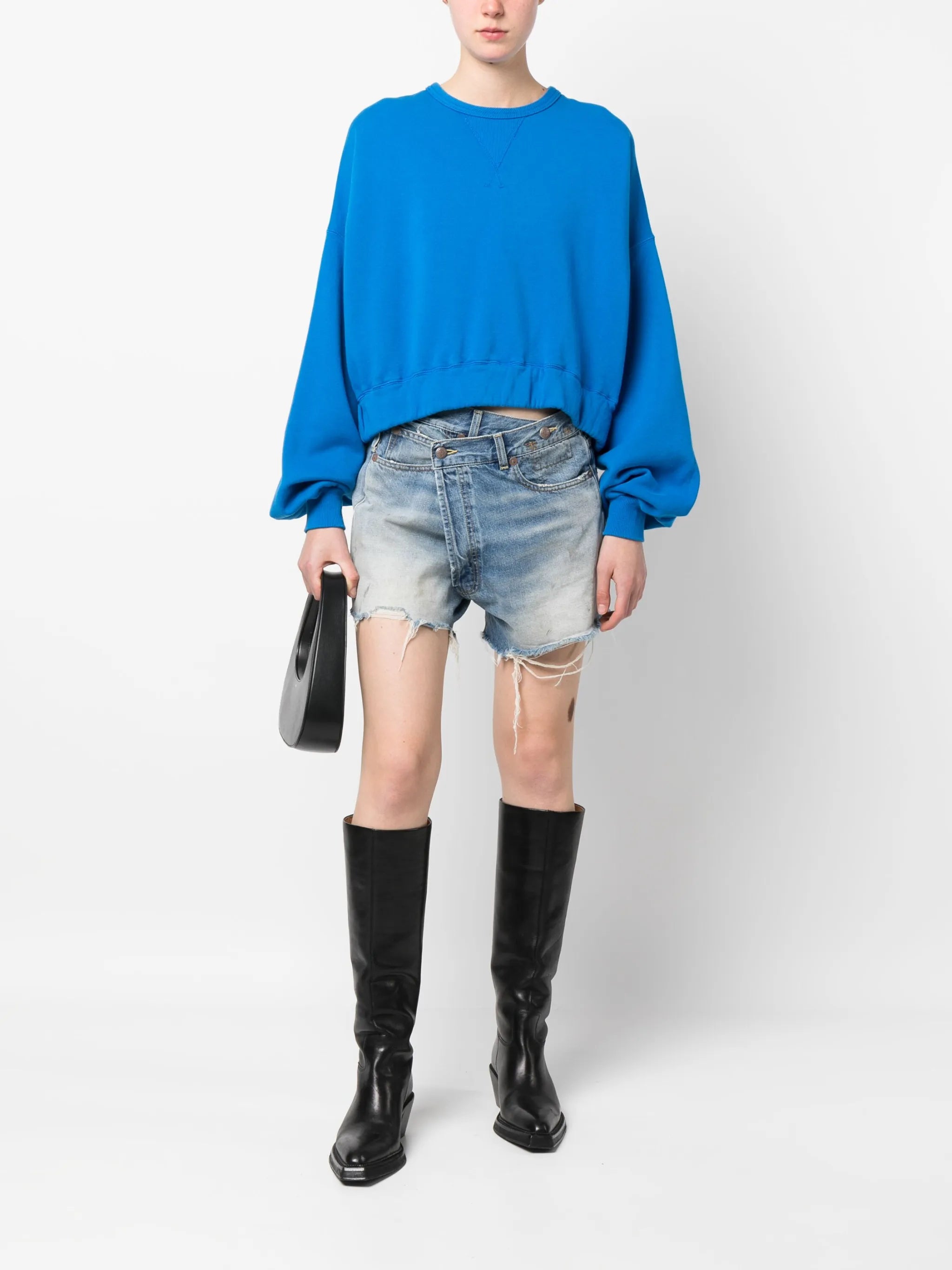 crossover distressed denim shorts