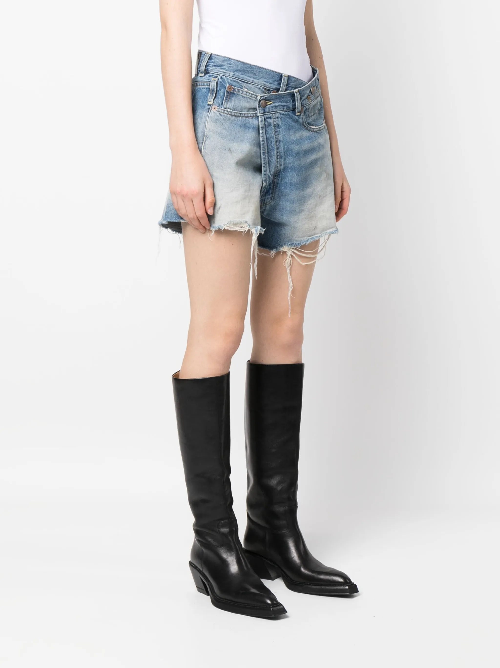 crossover distressed denim shorts