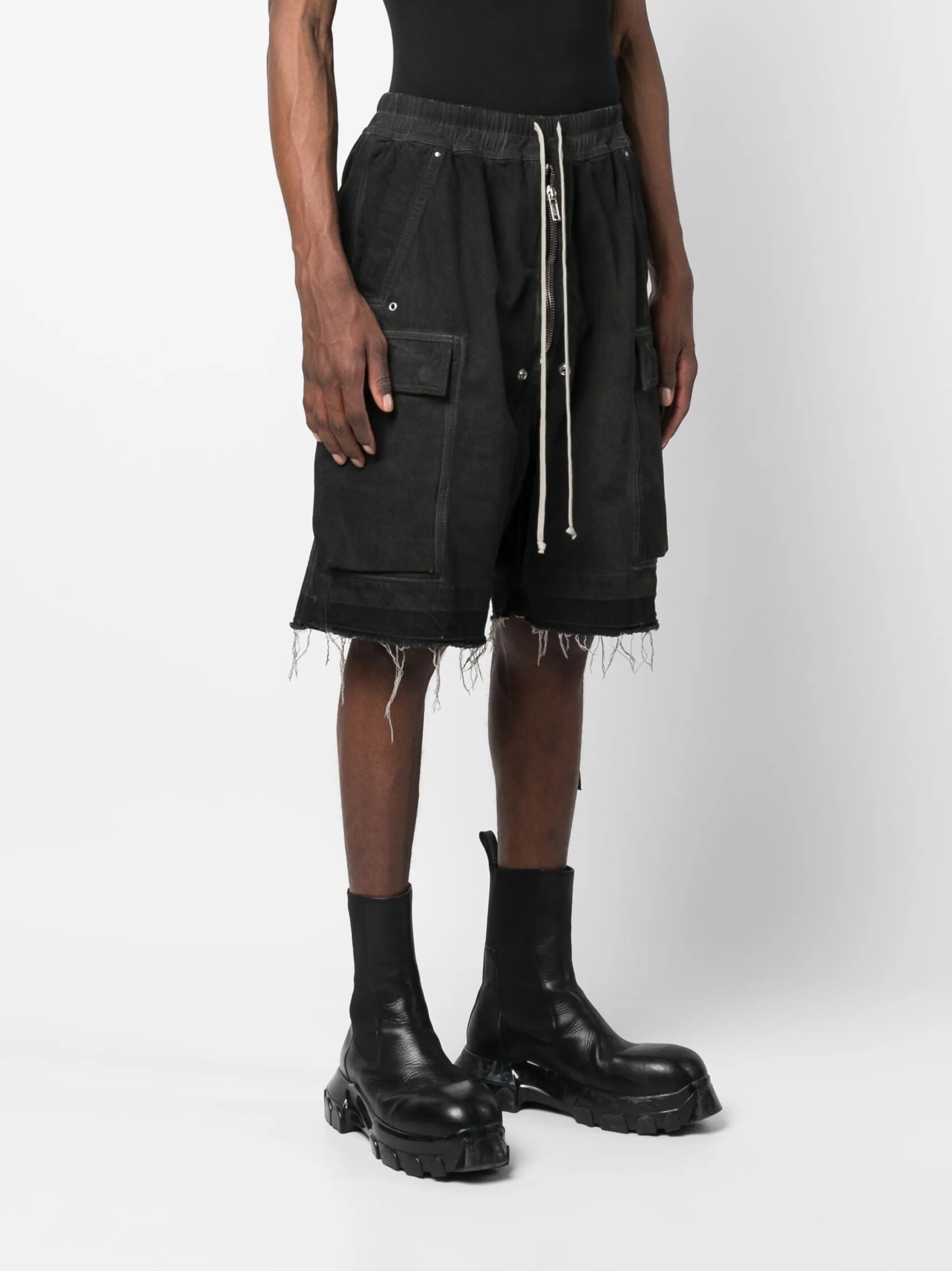 raw-cut denim cargo shorts
