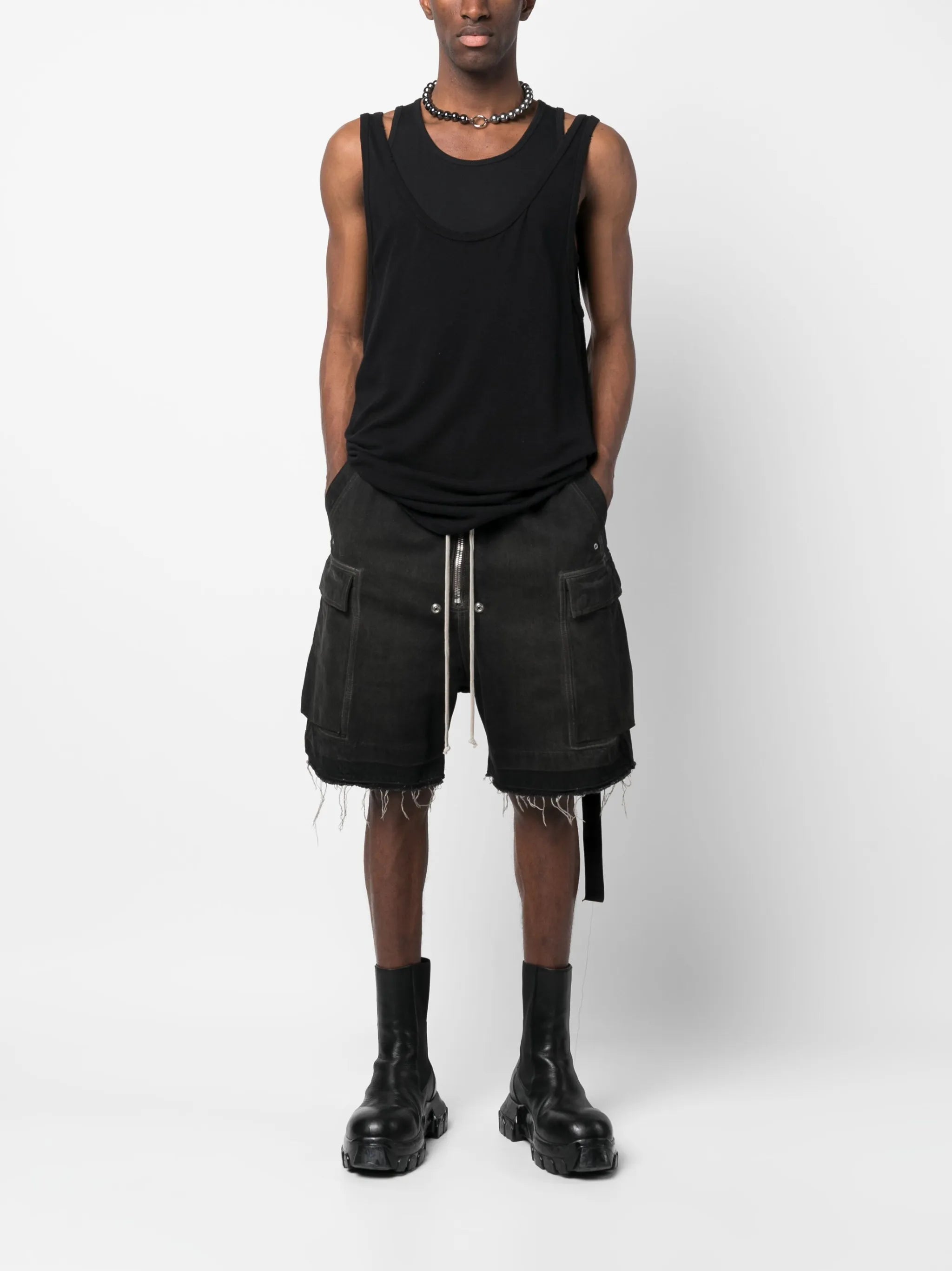 raw-cut denim cargo shorts
