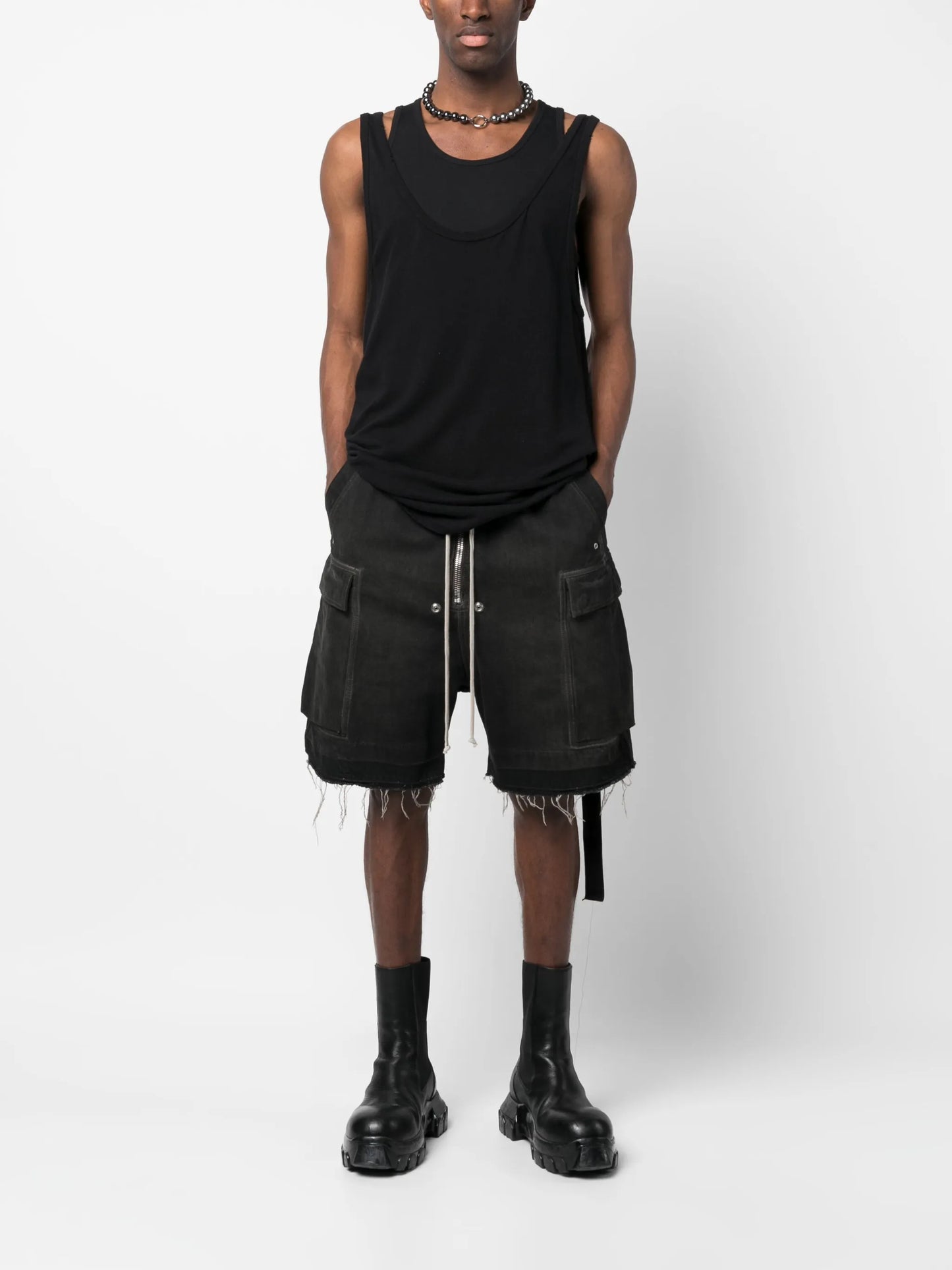 raw-cut denim cargo shorts