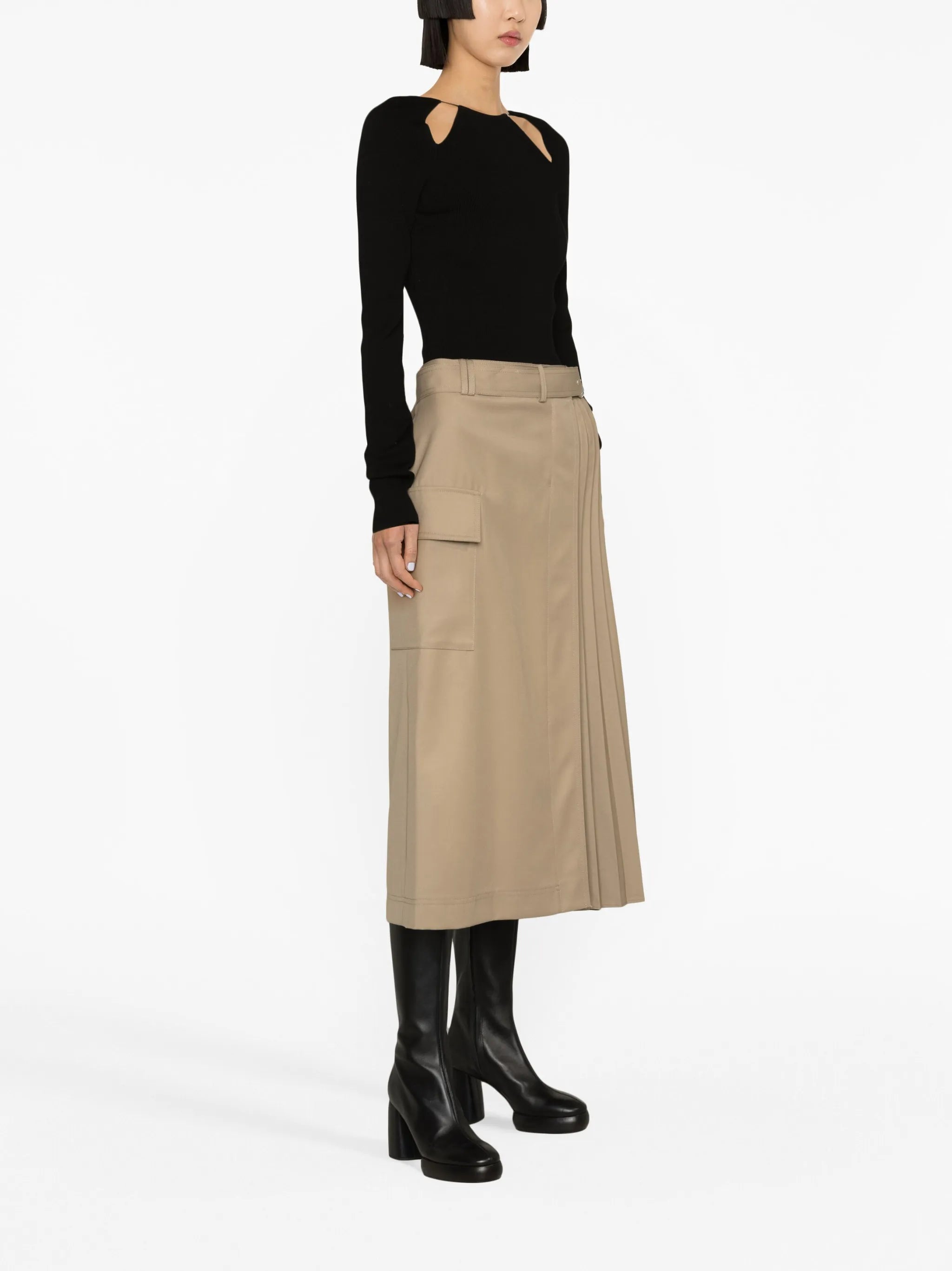 belted pleated midi skirt