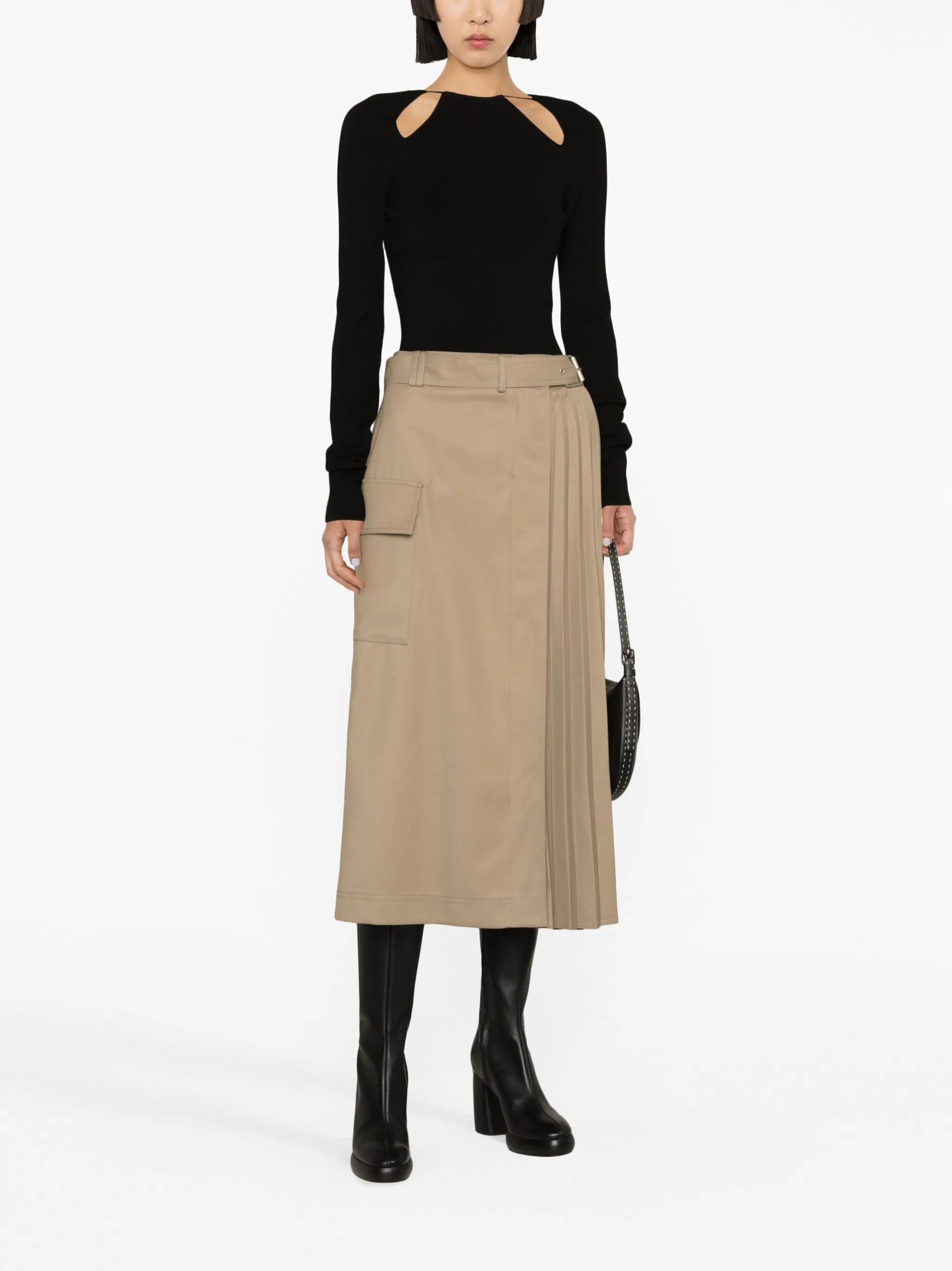 belted pleated midi skirt