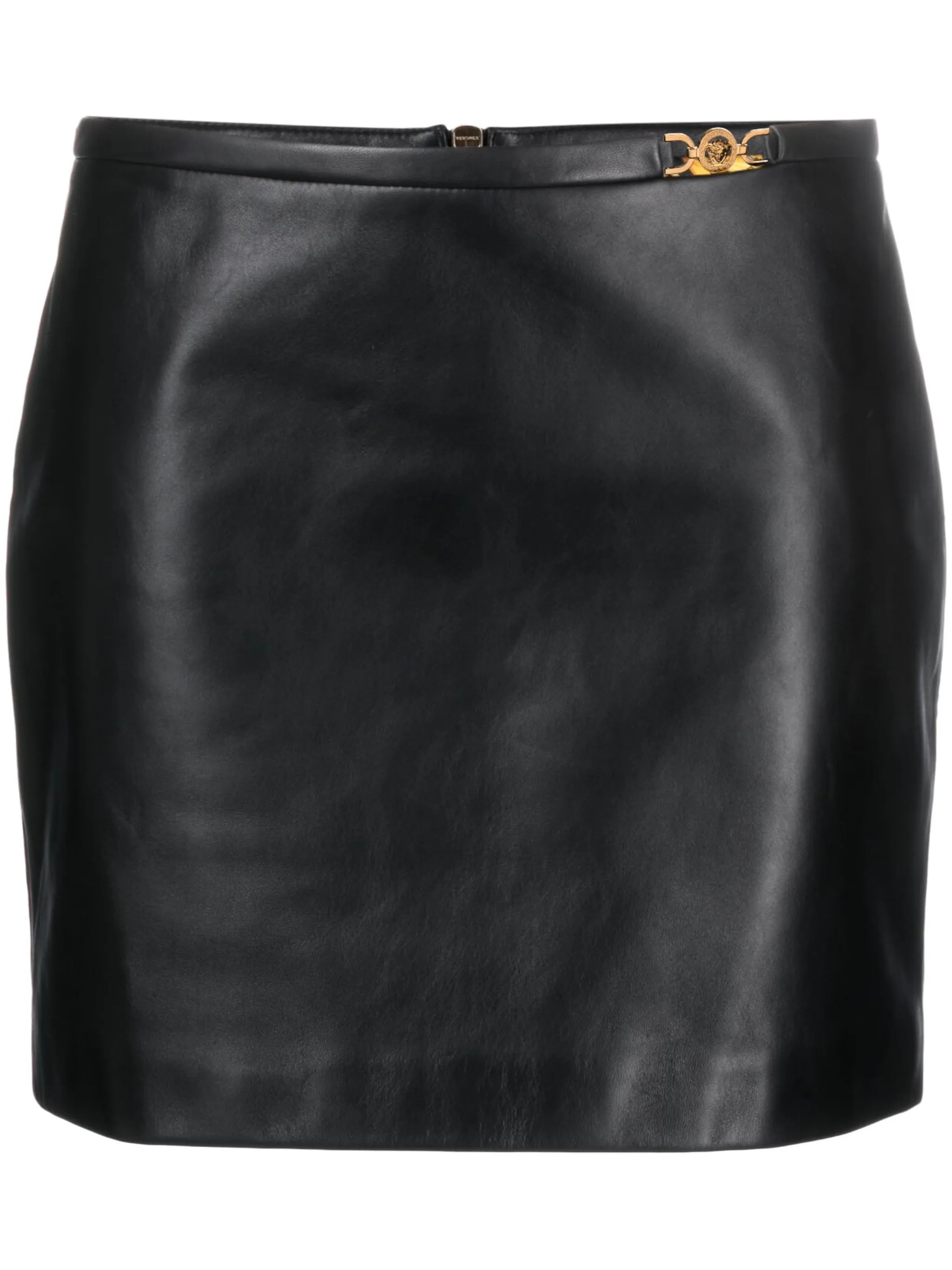 Medusa-embellished leather miniskirt