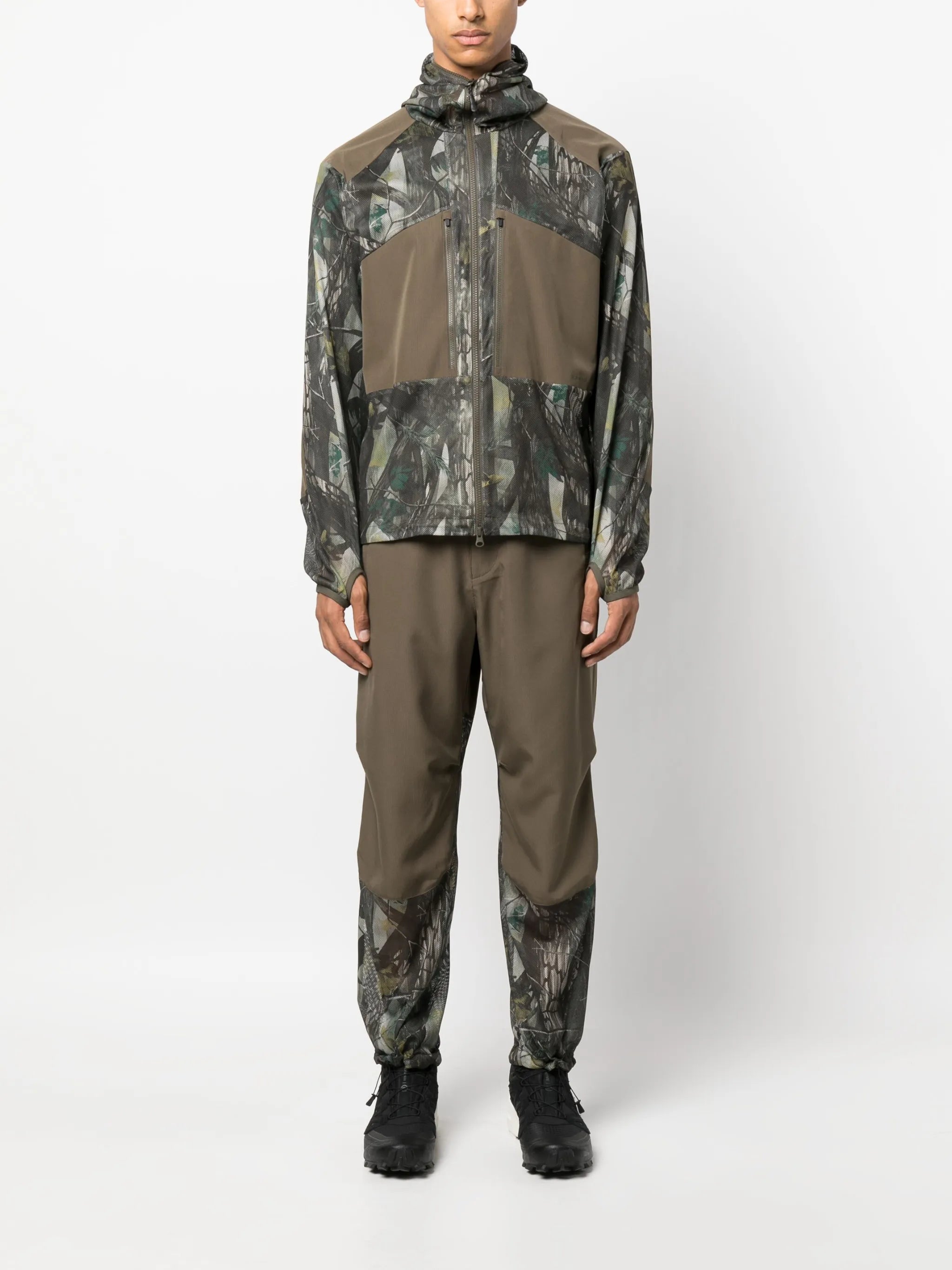 printed-hem mesh-detail trousers