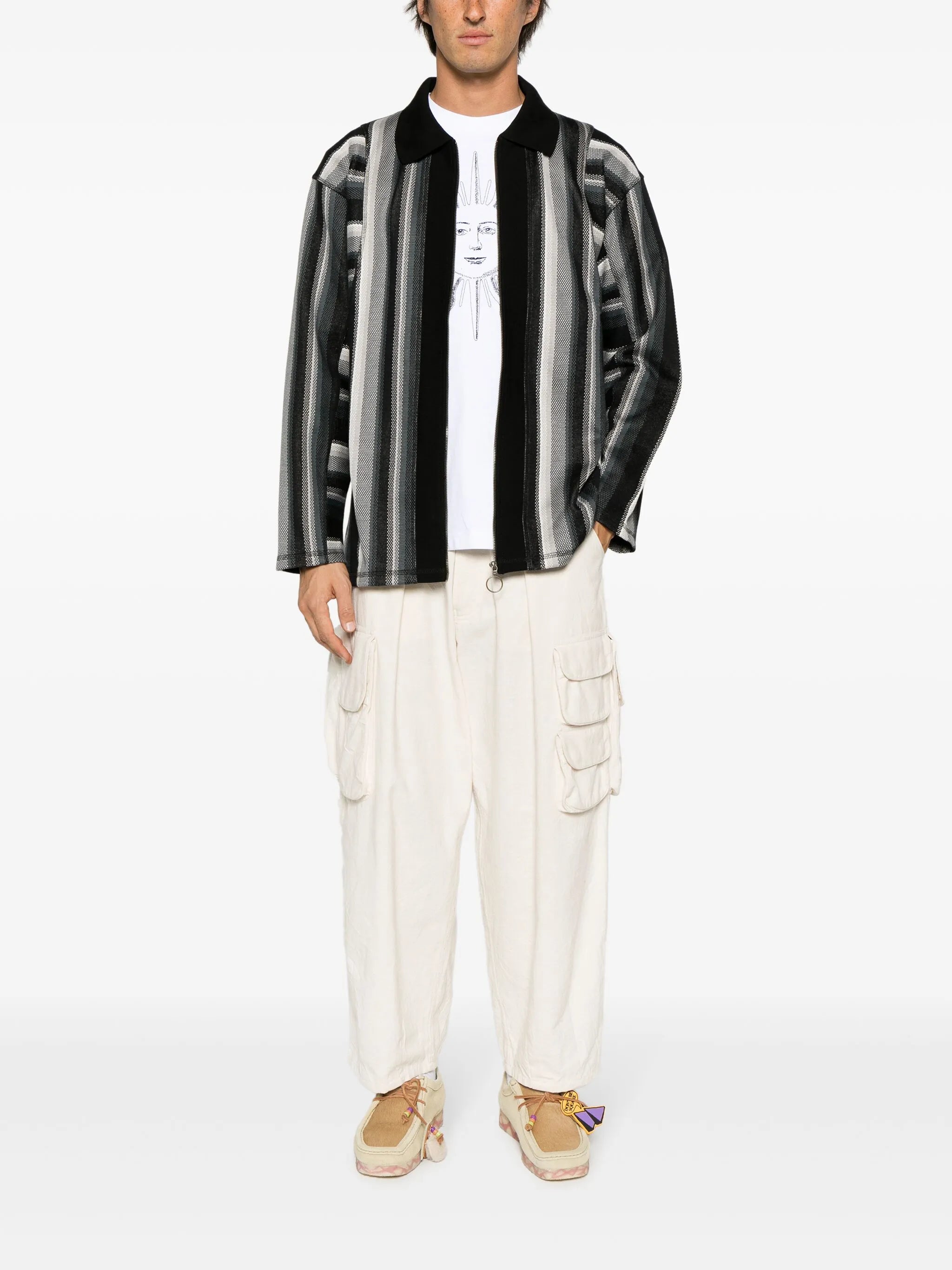 striped zip-up cotton polo shirt