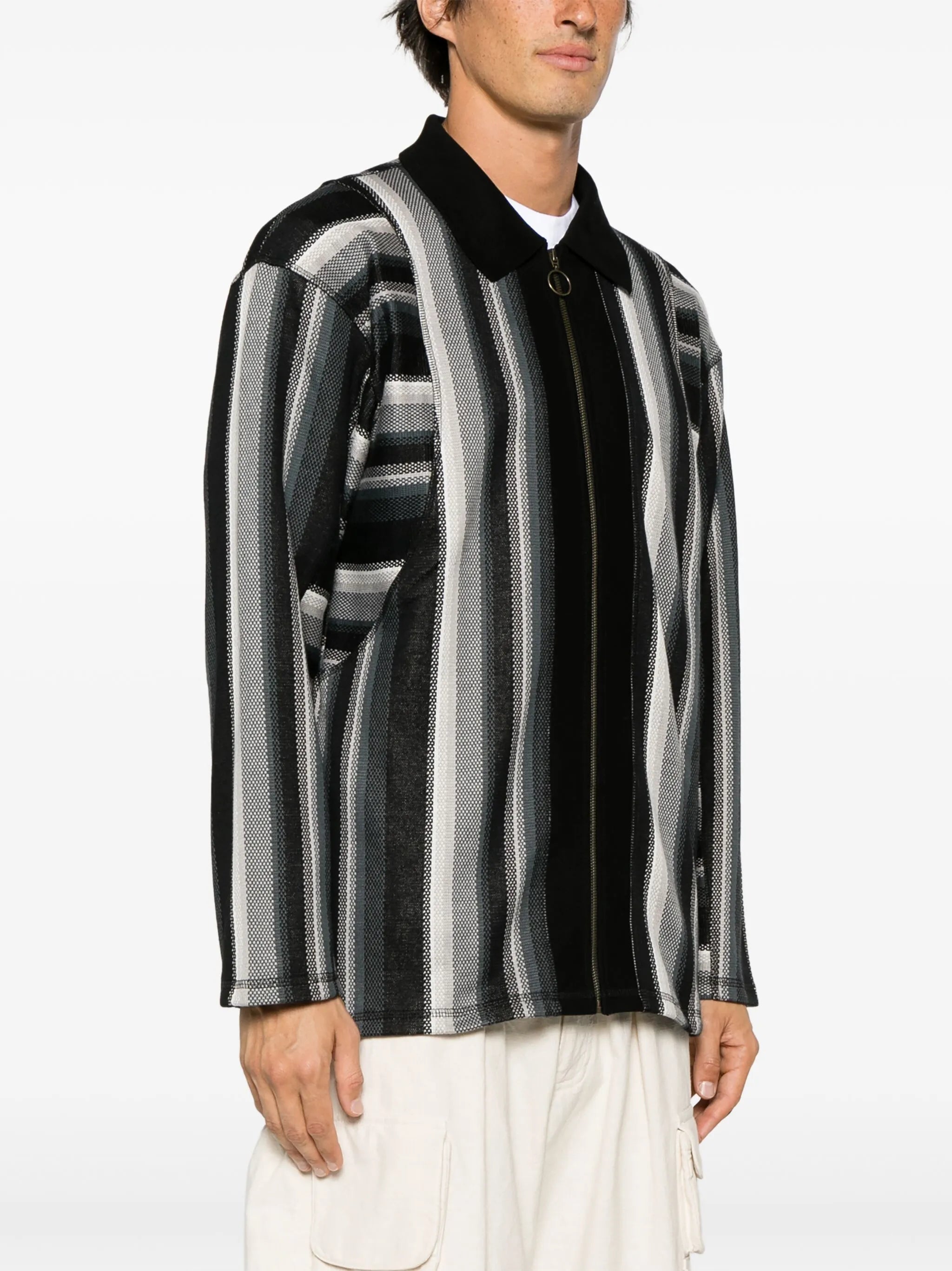 striped zip-up cotton polo shirt