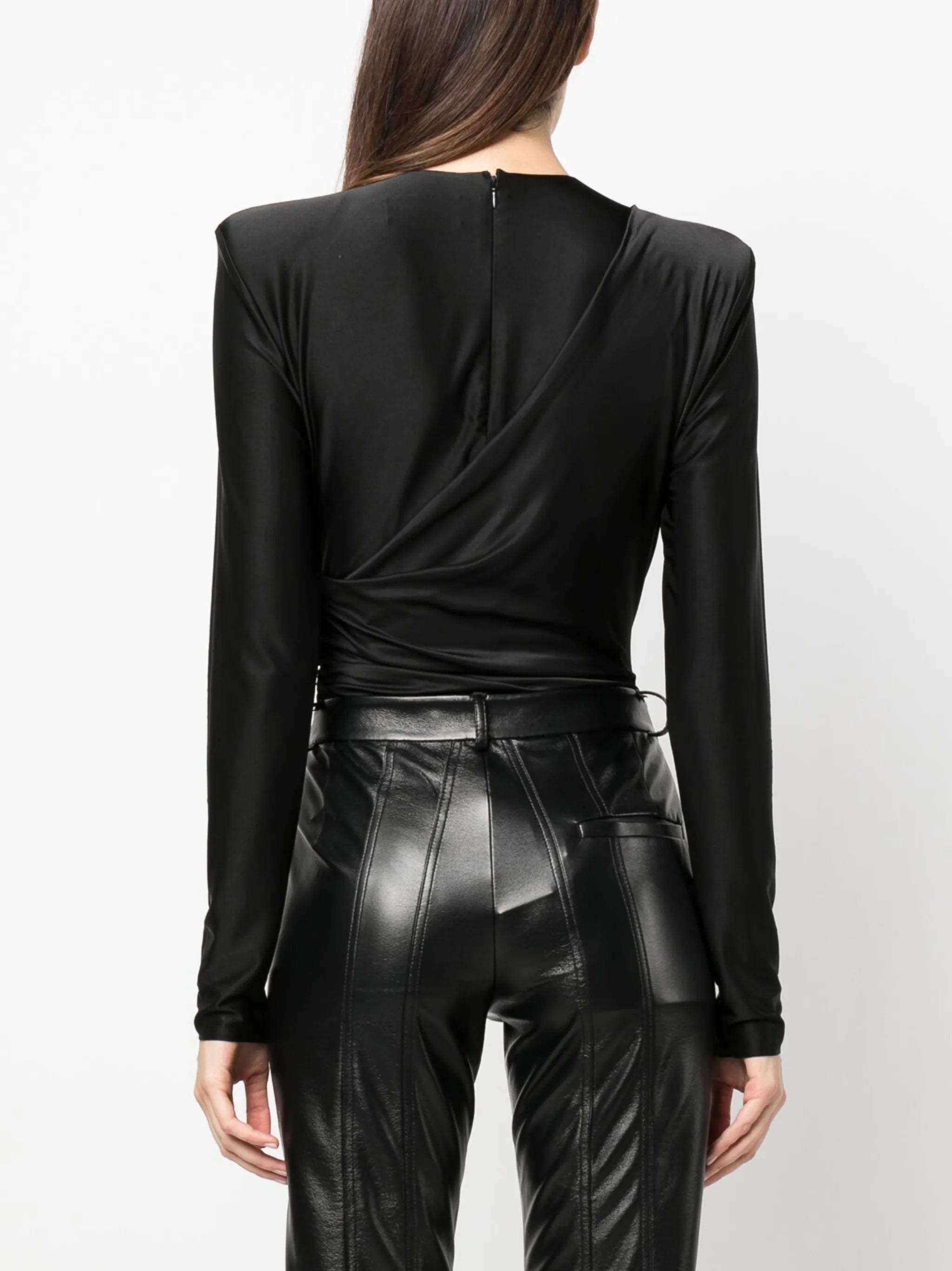 draped satin long-sleeve bodysuit